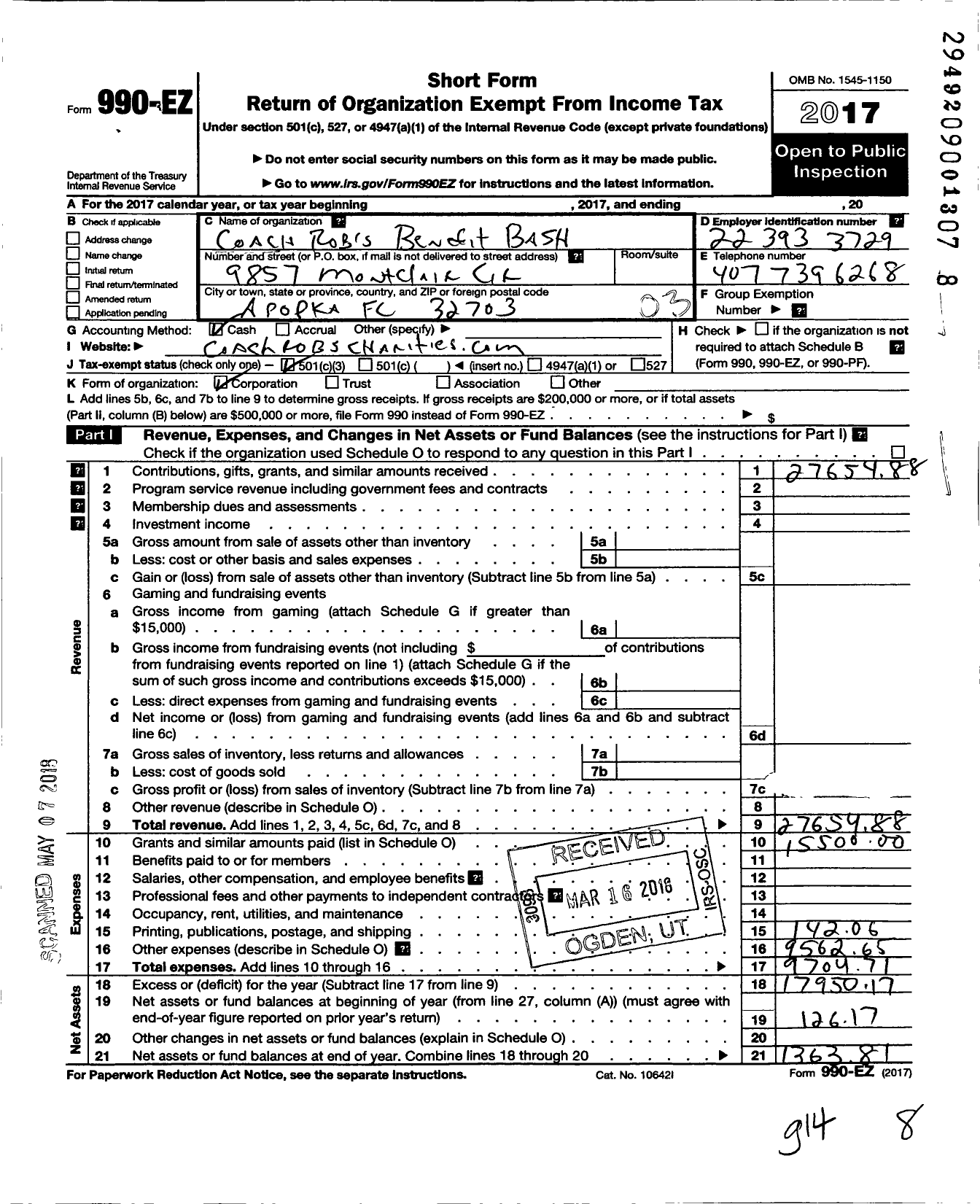 Image of first page of 2017 Form 990EZ for Coach Robs Benefit Bash