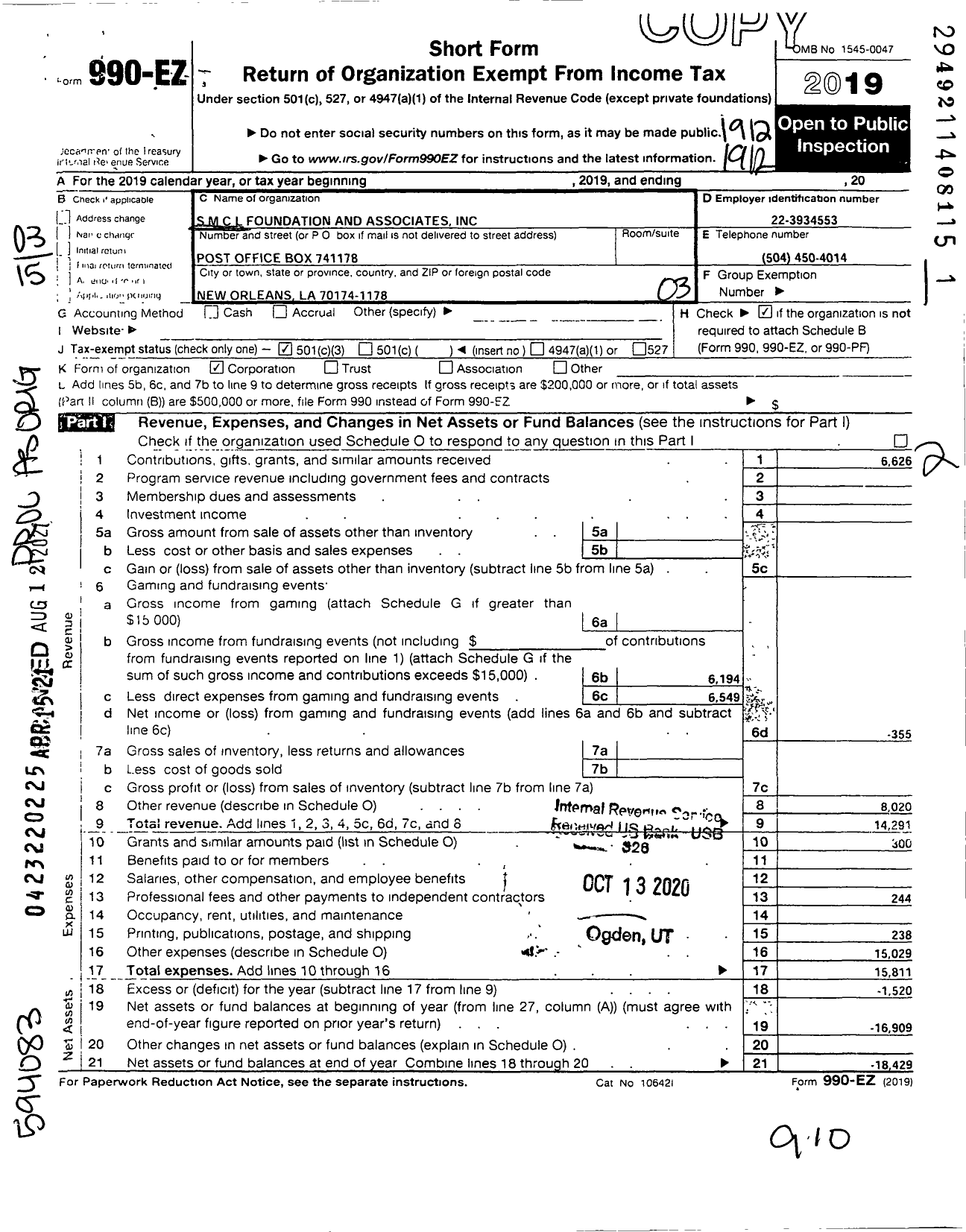 Image of first page of 2019 Form 990EZ for S M C L Foundation and Associates