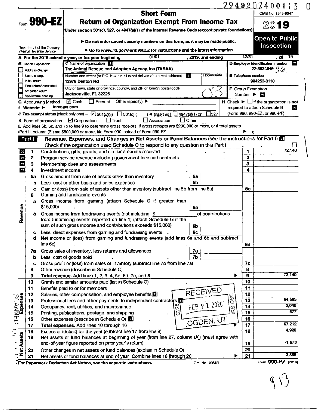 Image of first page of 2019 Form 990EZ for Animal Rescue and Adoption Agency