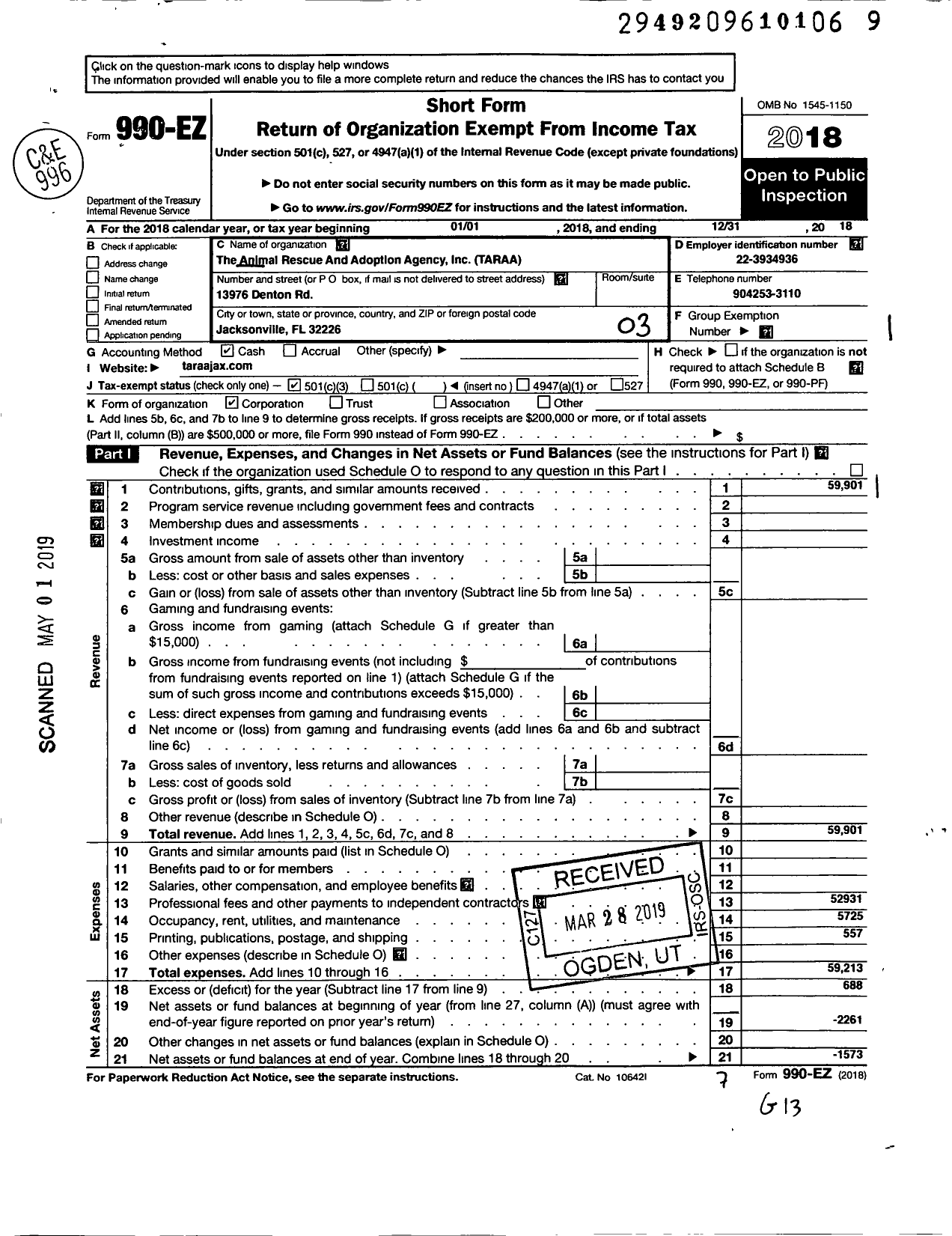 Image of first page of 2018 Form 990EZ for Animal Rescue and Adoption Agency