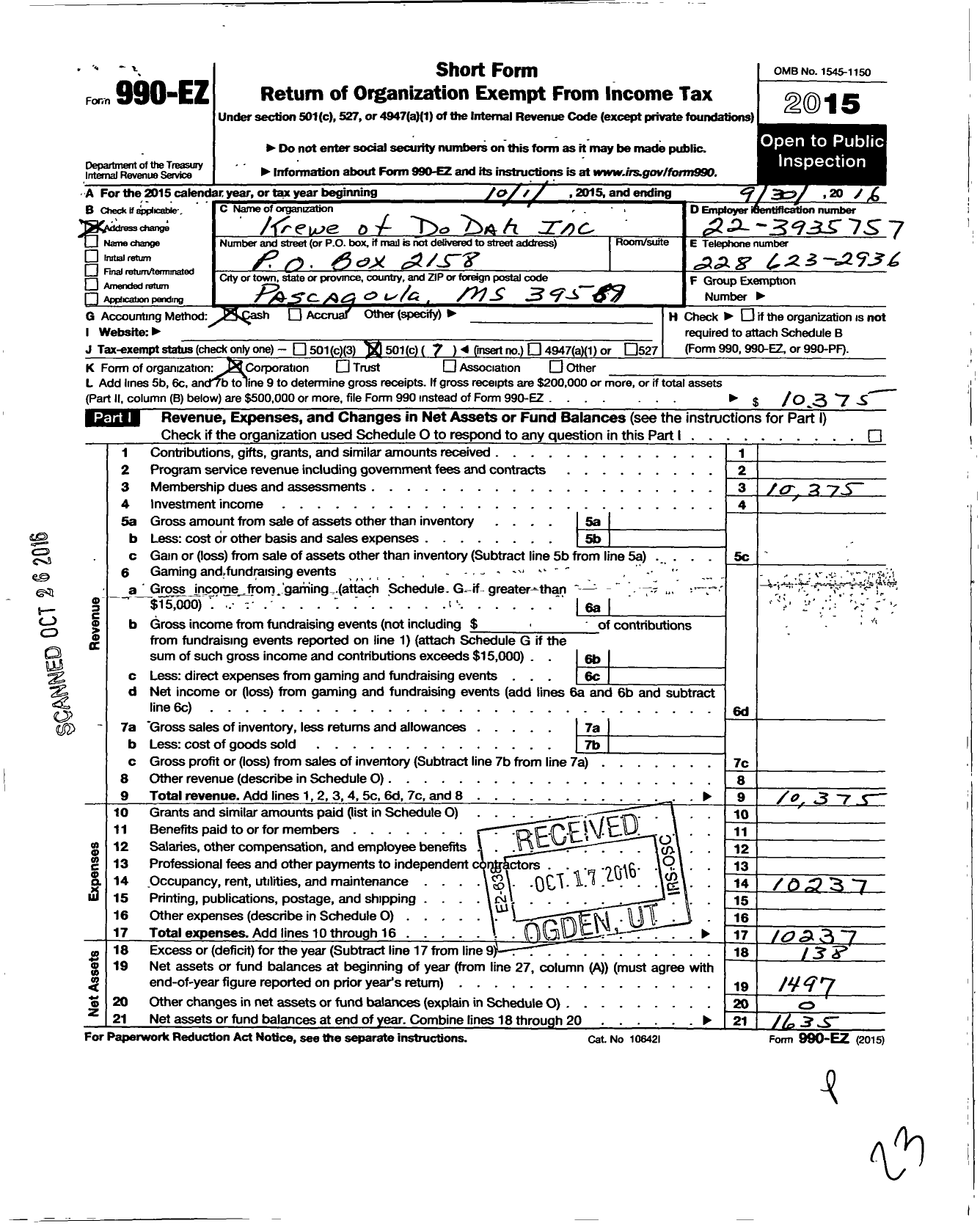 Image of first page of 2015 Form 990EO for Krewe of Dodah