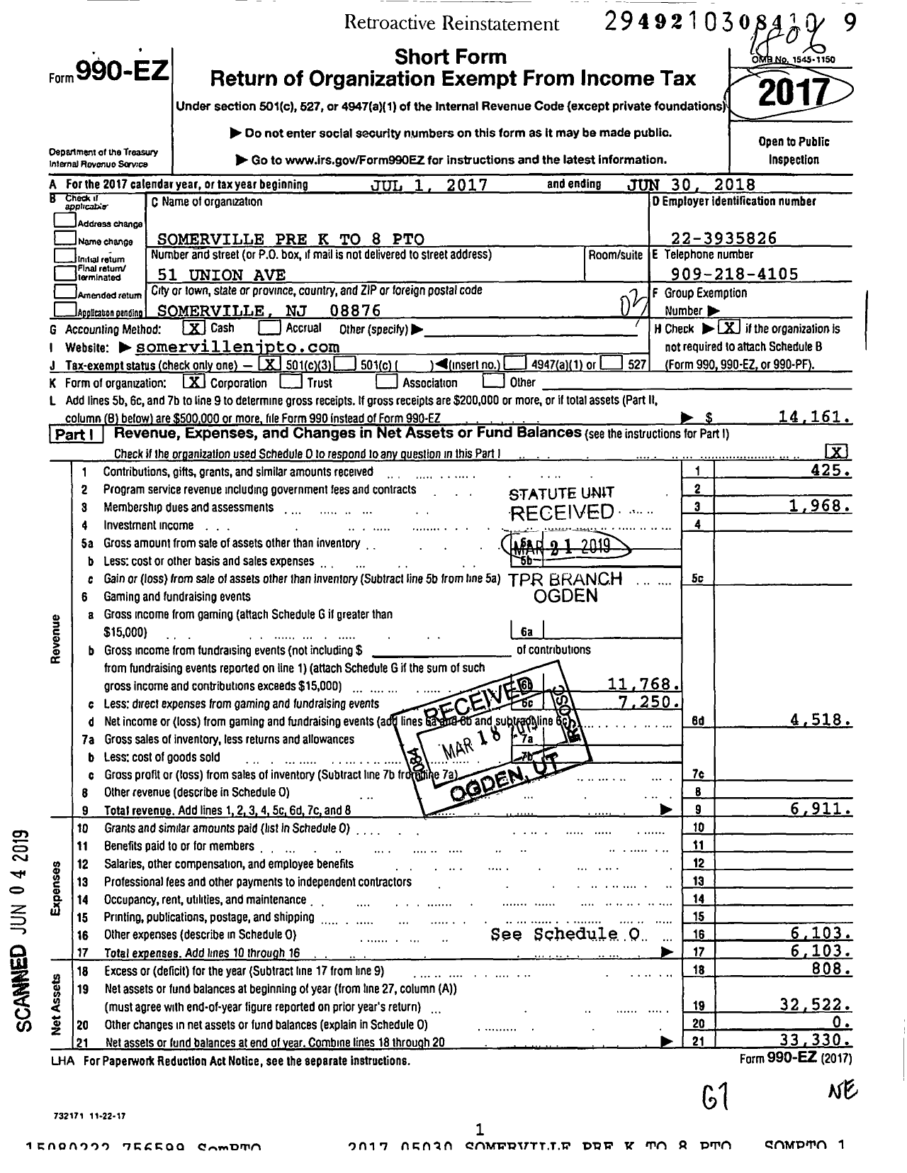 Image of first page of 2017 Form 990EZ for Somerville Pre K To 8 Pto