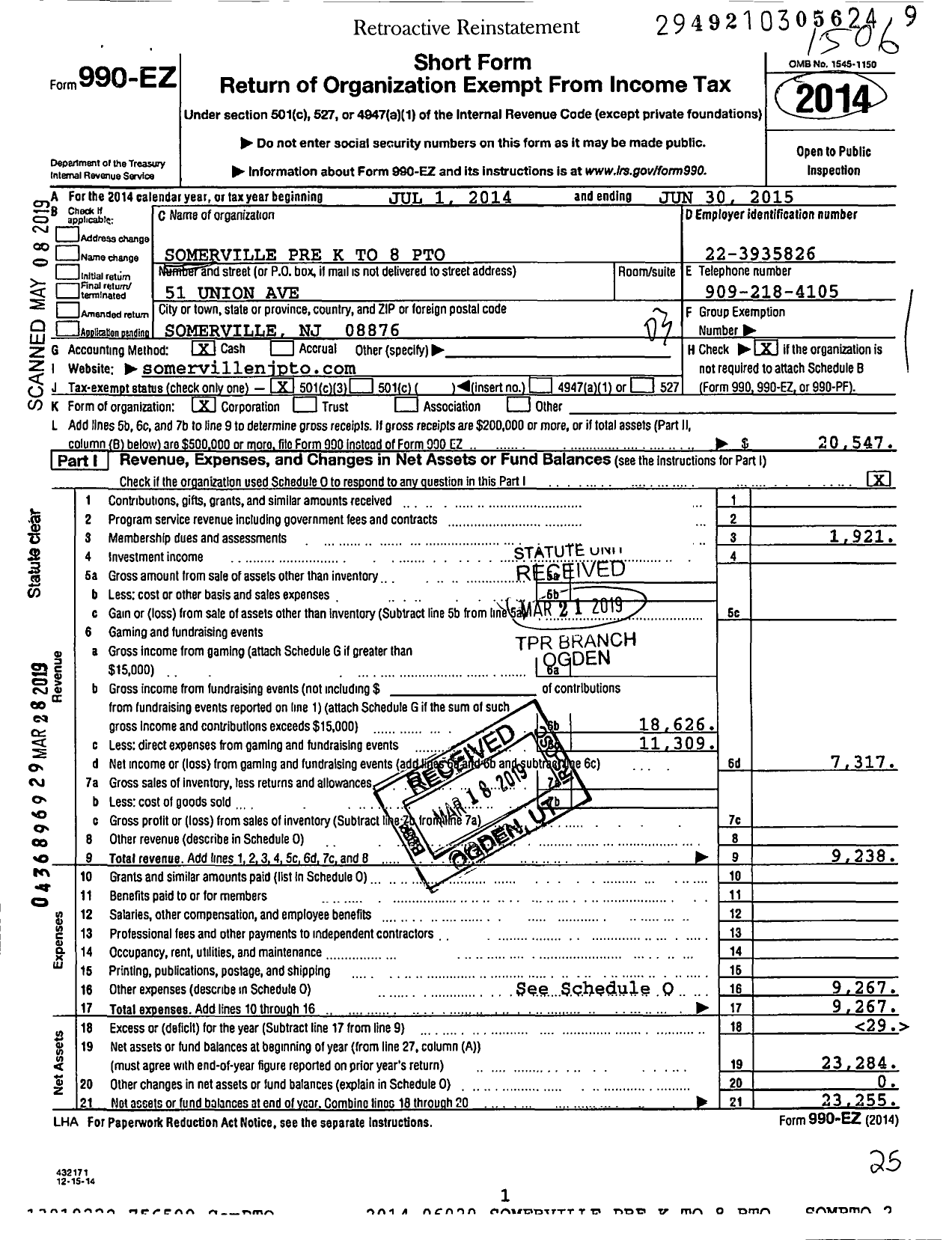 Image of first page of 2014 Form 990EZ for Somerville Pre K To 8 Pto