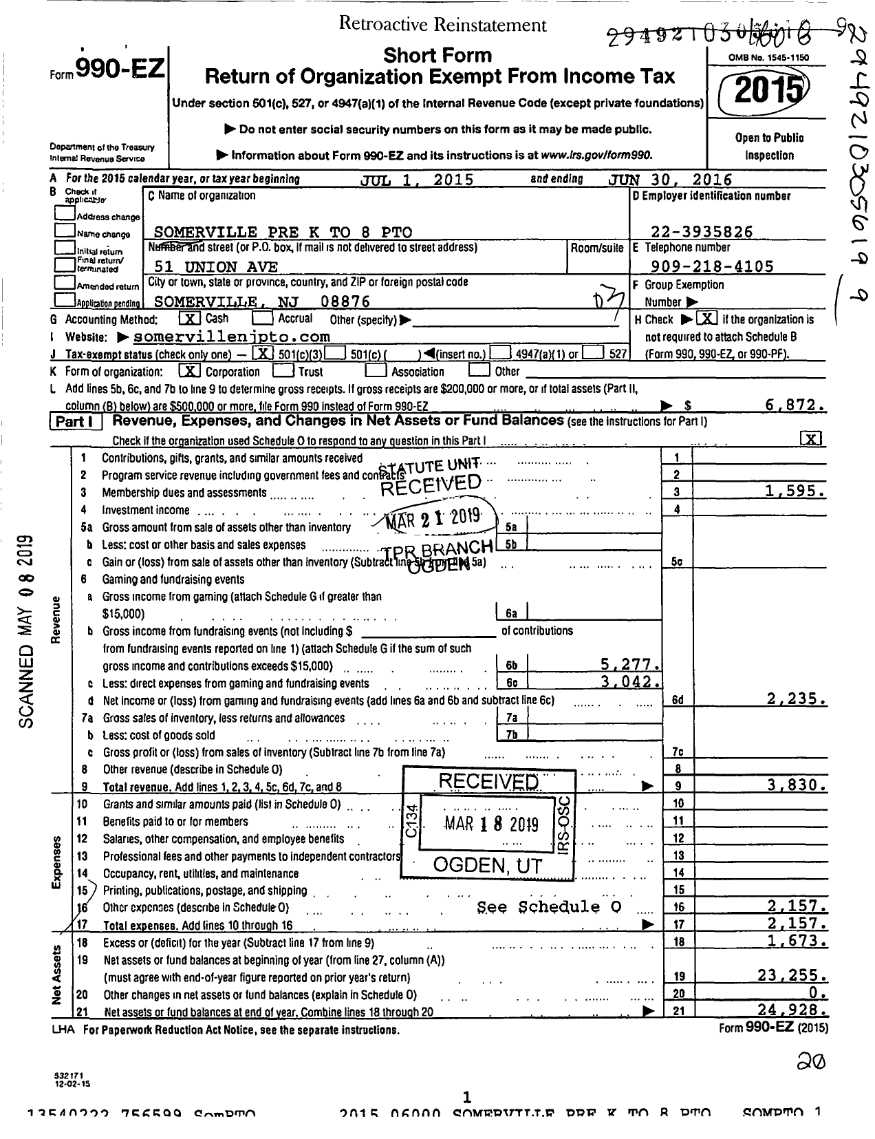 Image of first page of 2015 Form 990EZ for Somerville Pre K To 8 Pto