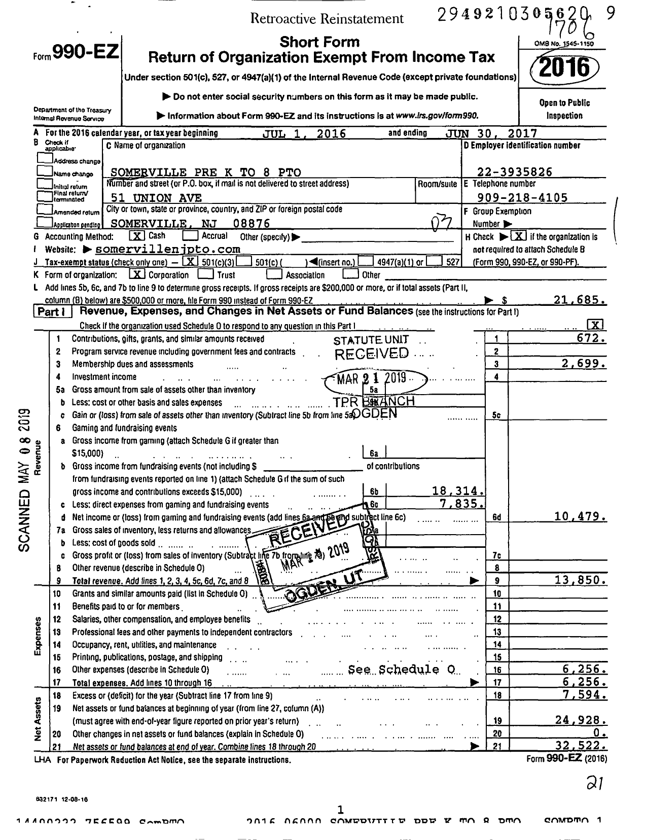 Image of first page of 2016 Form 990EZ for Somerville Pre K To 8 Pto