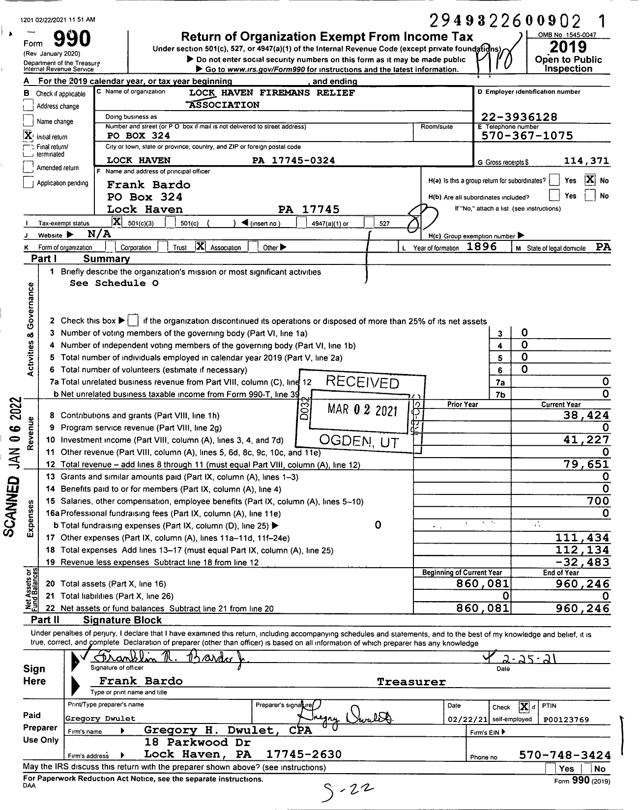 Image of first page of 2019 Form 990 for Lock Haven Firemans Relief Association