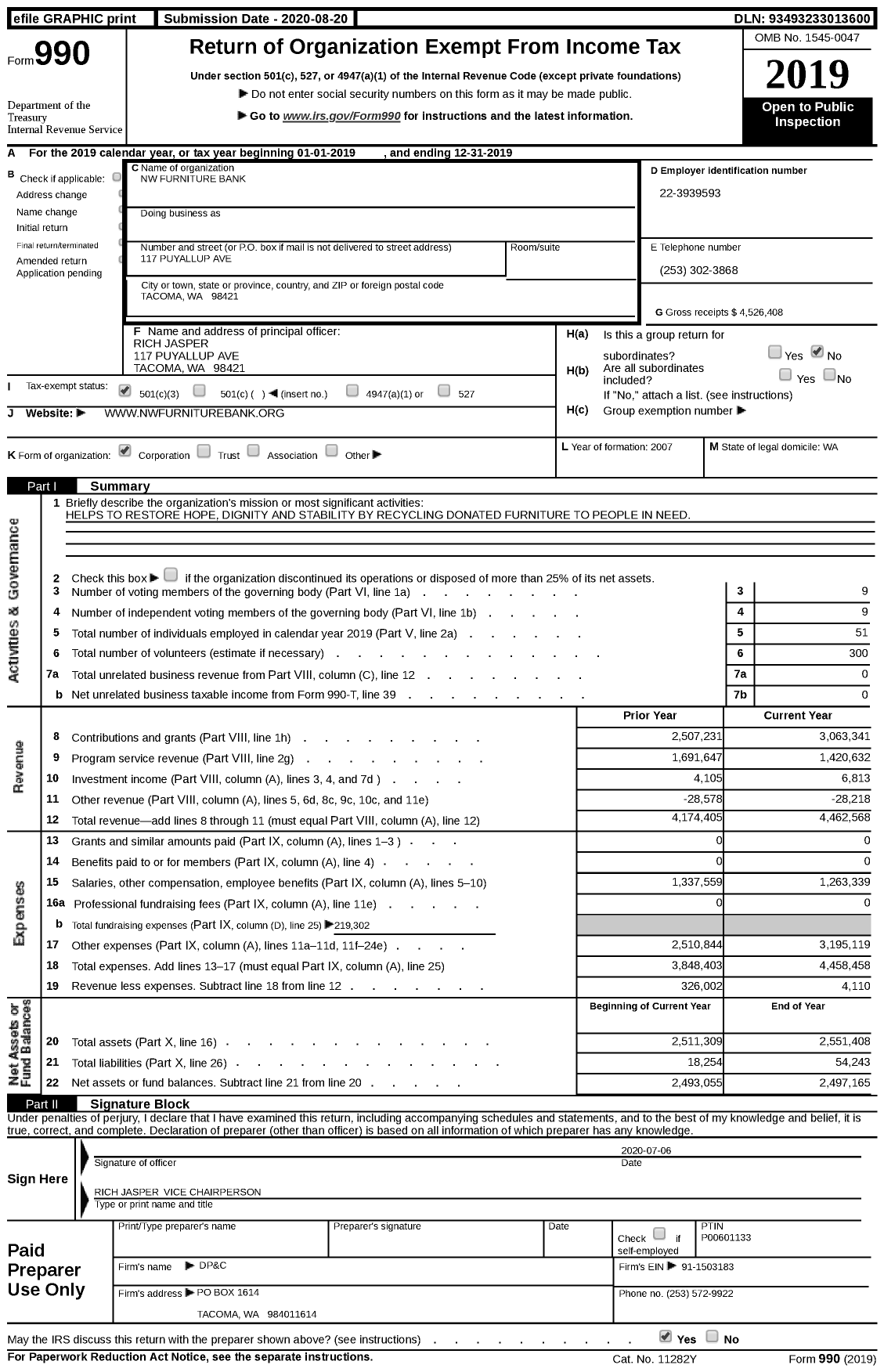 Image of first page of 2019 Form 990 for NW Furniture Bank