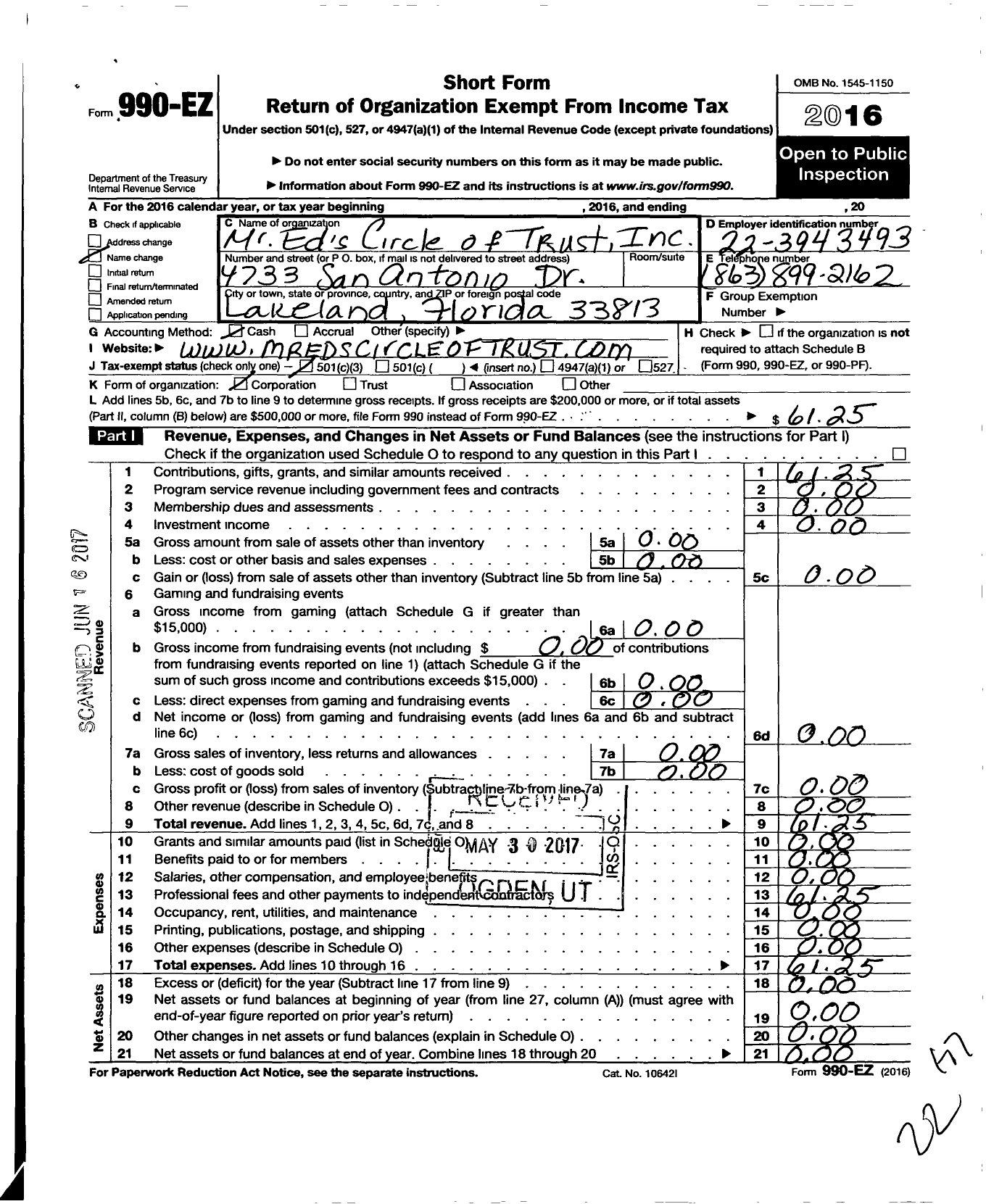 Image of first page of 2016 Form 990EZ for Mr Eds Circle of Trust