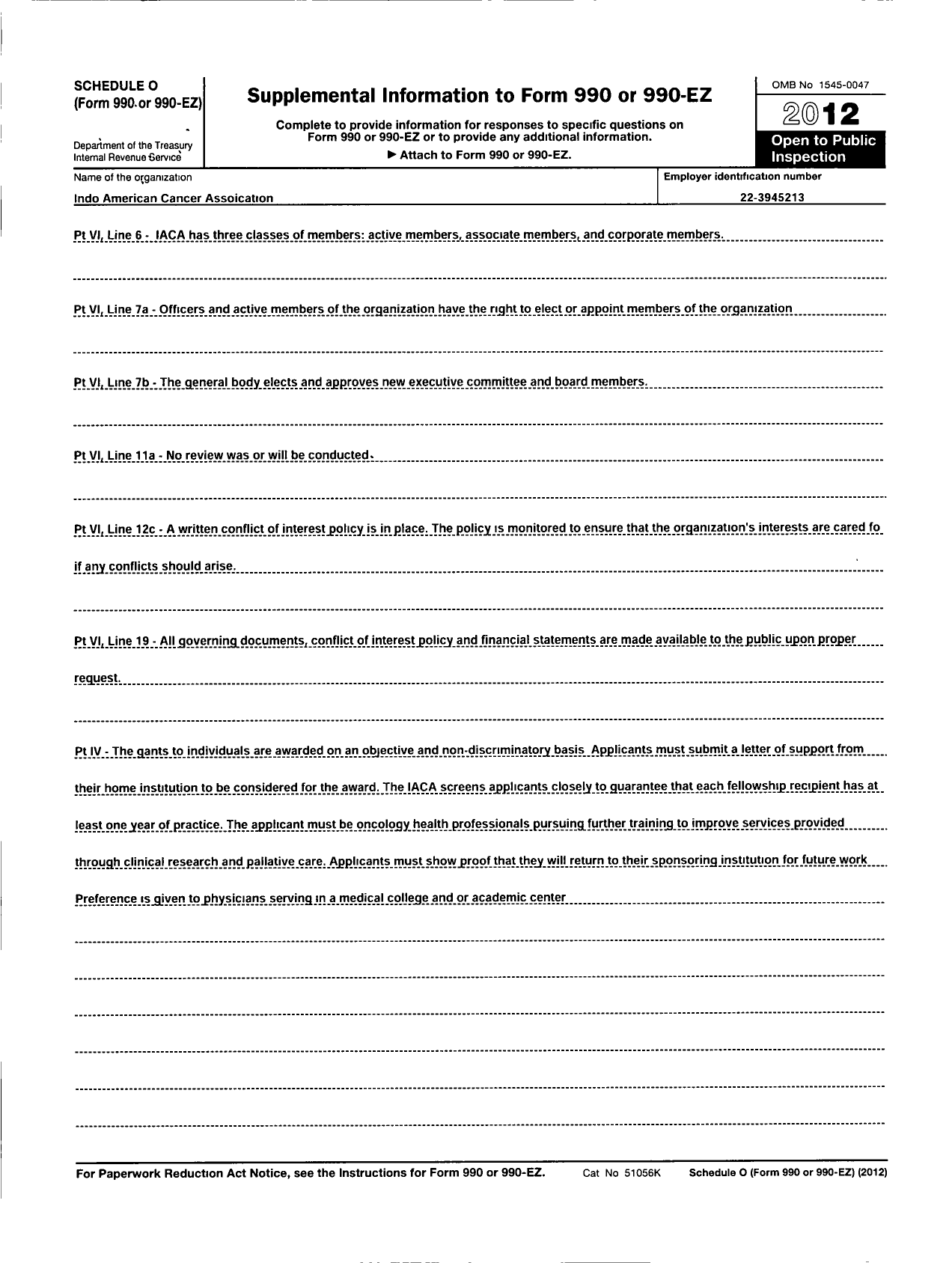 Image of first page of 2012 Form 990R for Indo American Cancer Association