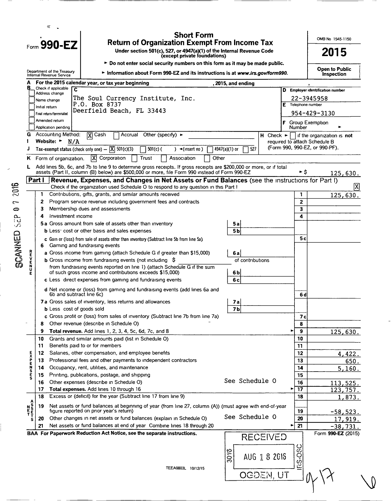 Image of first page of 2015 Form 990EZ for CENTERS FOR SPIRITUAL LIVING The Soul Currency Institute Focus Ministry & Church