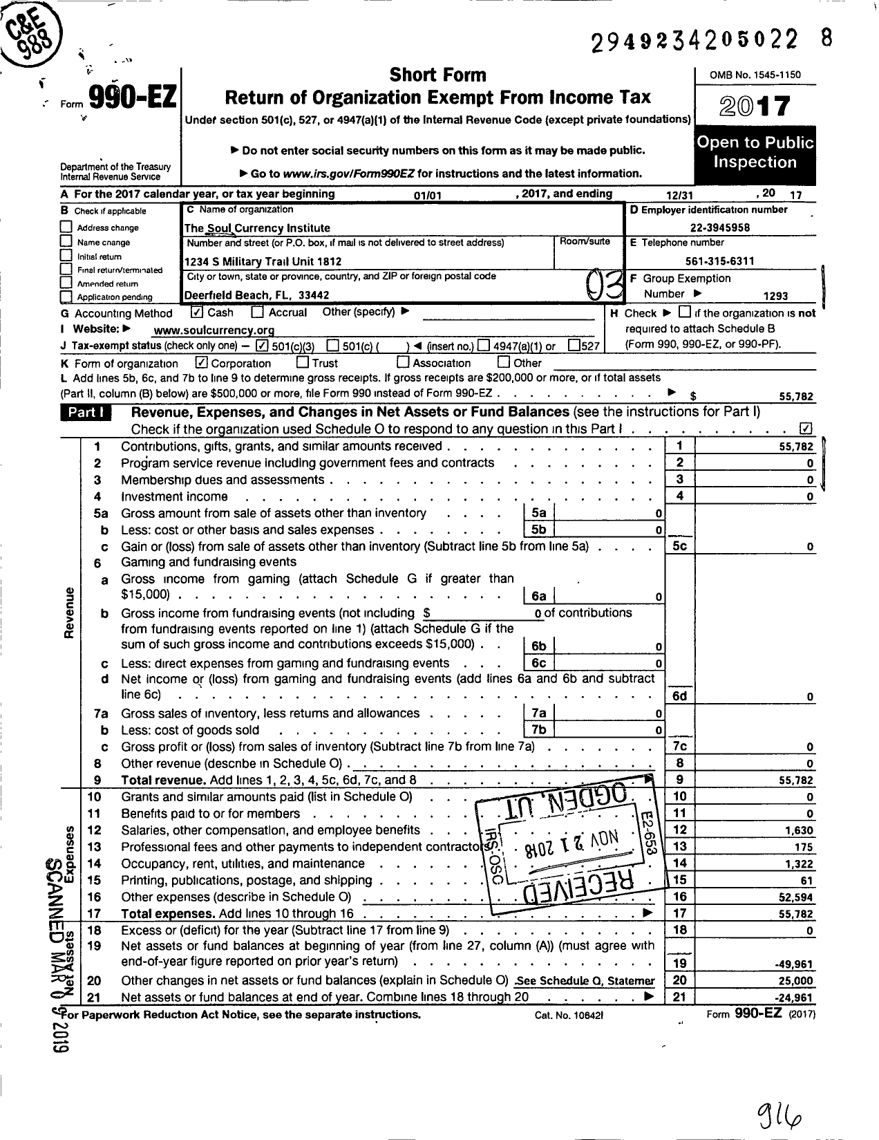 Image of first page of 2017 Form 990EZ for CENTERS FOR SPIRITUAL LIVING The Soul Currency Institute Focus Ministry & Church