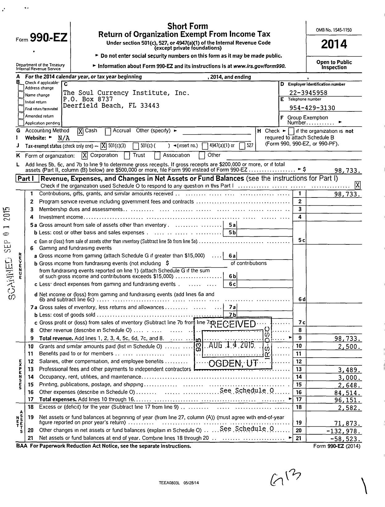 Image of first page of 2014 Form 990EZ for CENTERS FOR SPIRITUAL LIVING The Soul Currency Institute Focus Ministry & Church