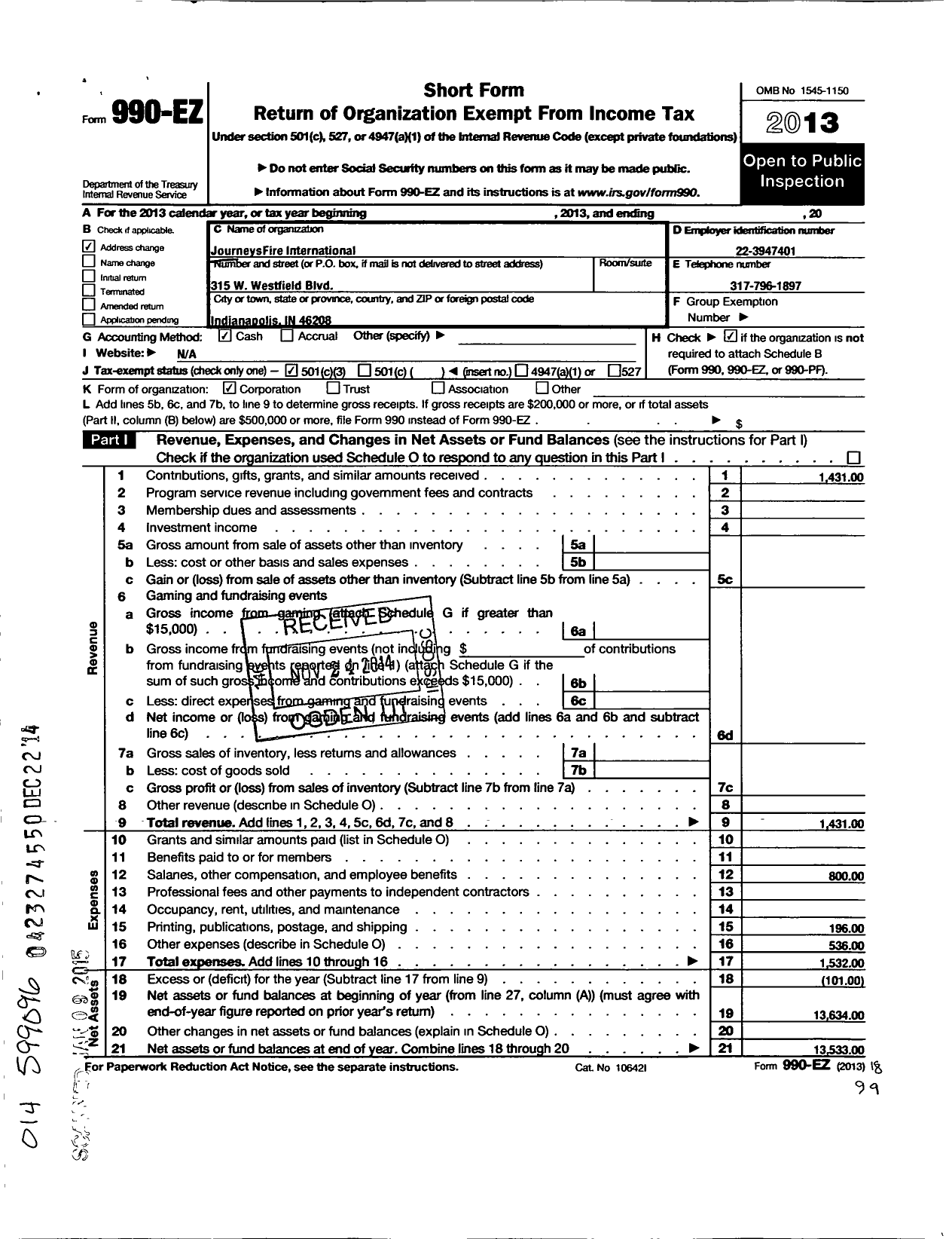 Image of first page of 2013 Form 990EZ for Journeysfire International