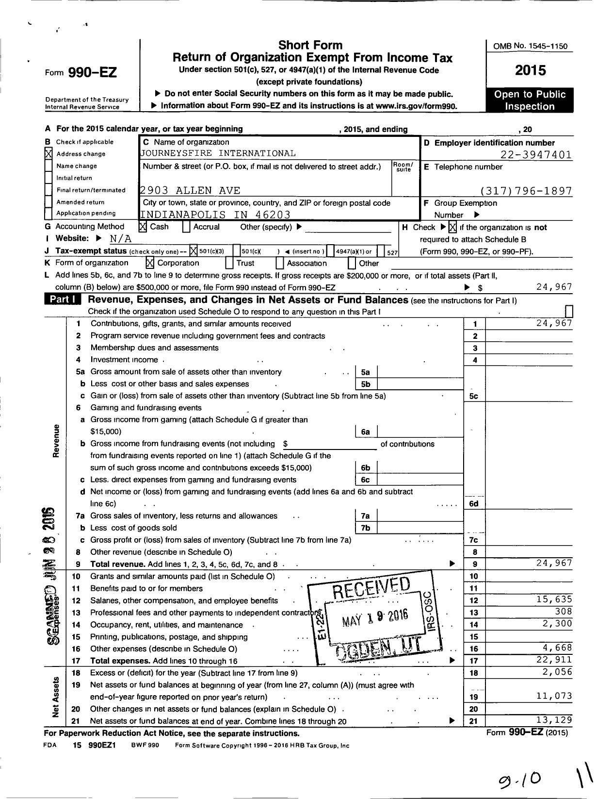 Image of first page of 2015 Form 990EZ for Journeysfire International