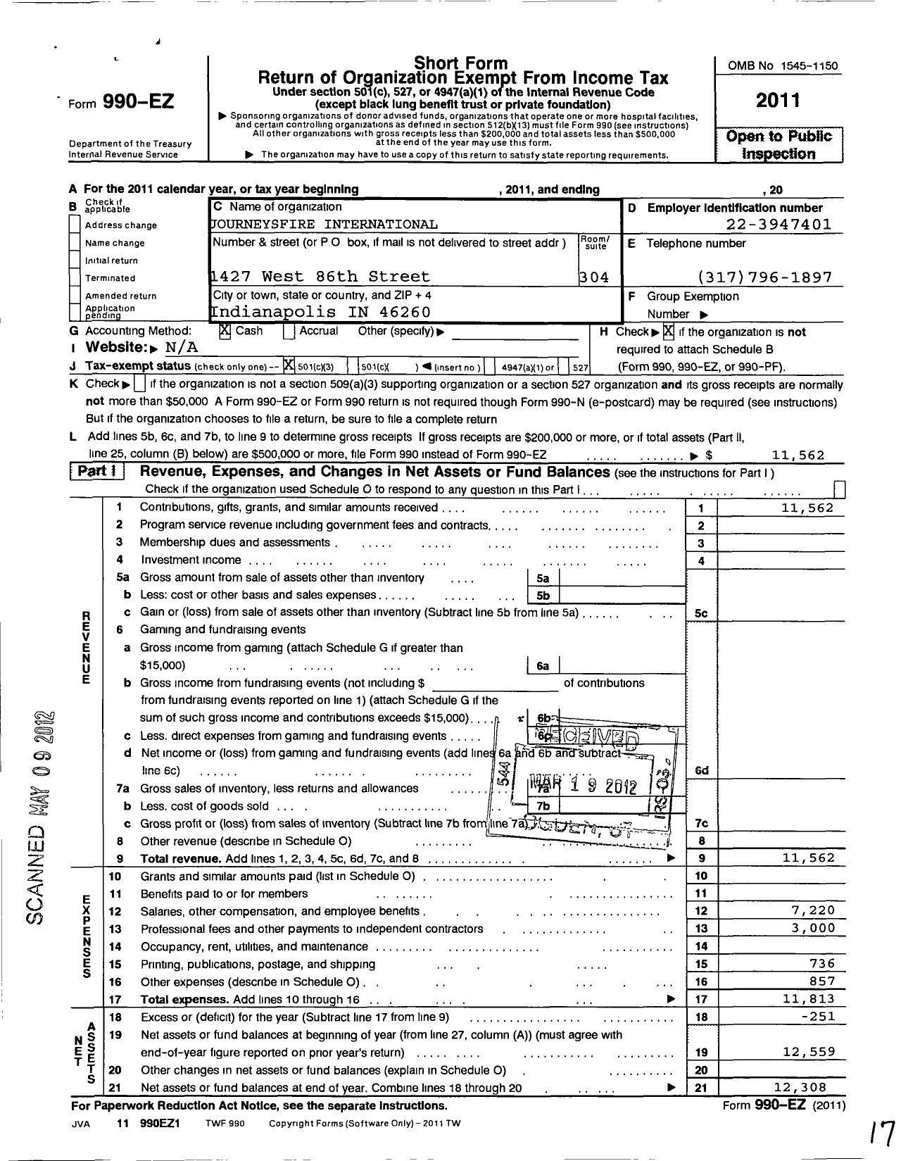 Image of first page of 2011 Form 990EZ for Journeysfire International