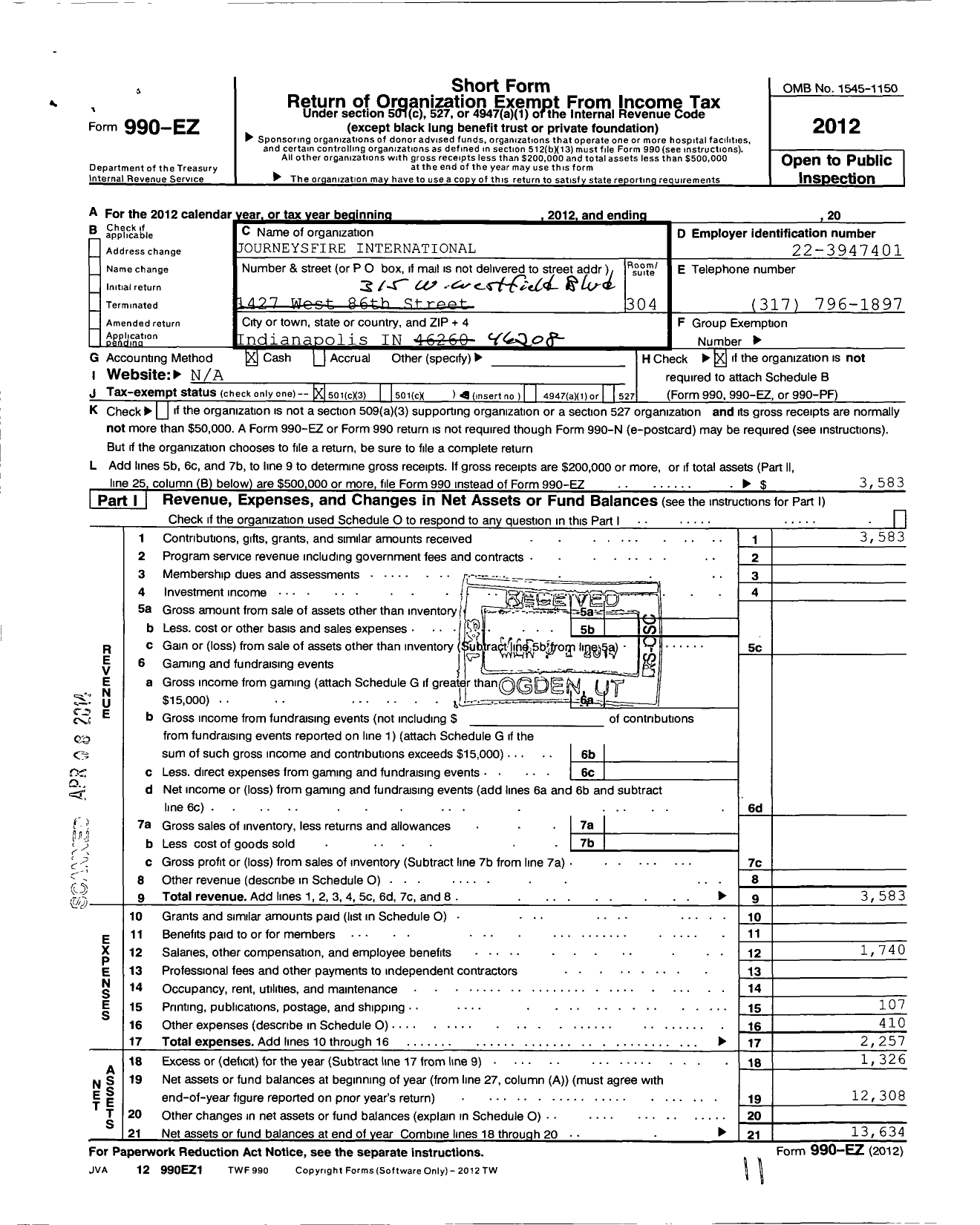 Image of first page of 2012 Form 990EZ for Journeysfire International