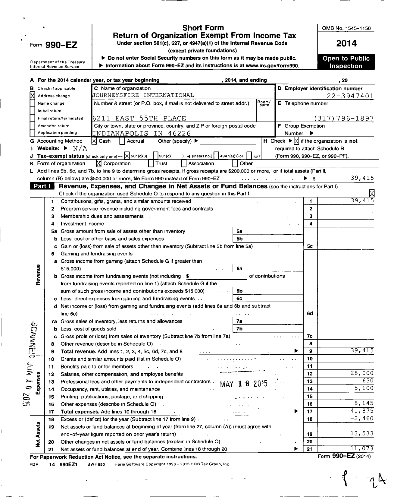 Image of first page of 2014 Form 990EZ for Journeysfire International