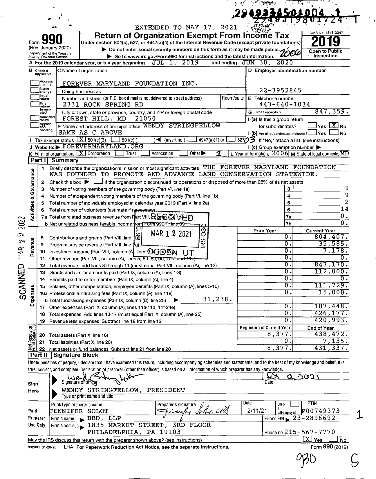 Image of first page of 2019 Form 990 for Forever Marylandinc