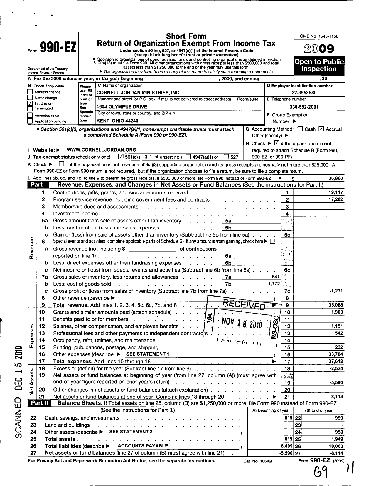 Image of first page of 2009 Form 990EZ for Cornell Jordan Ministries