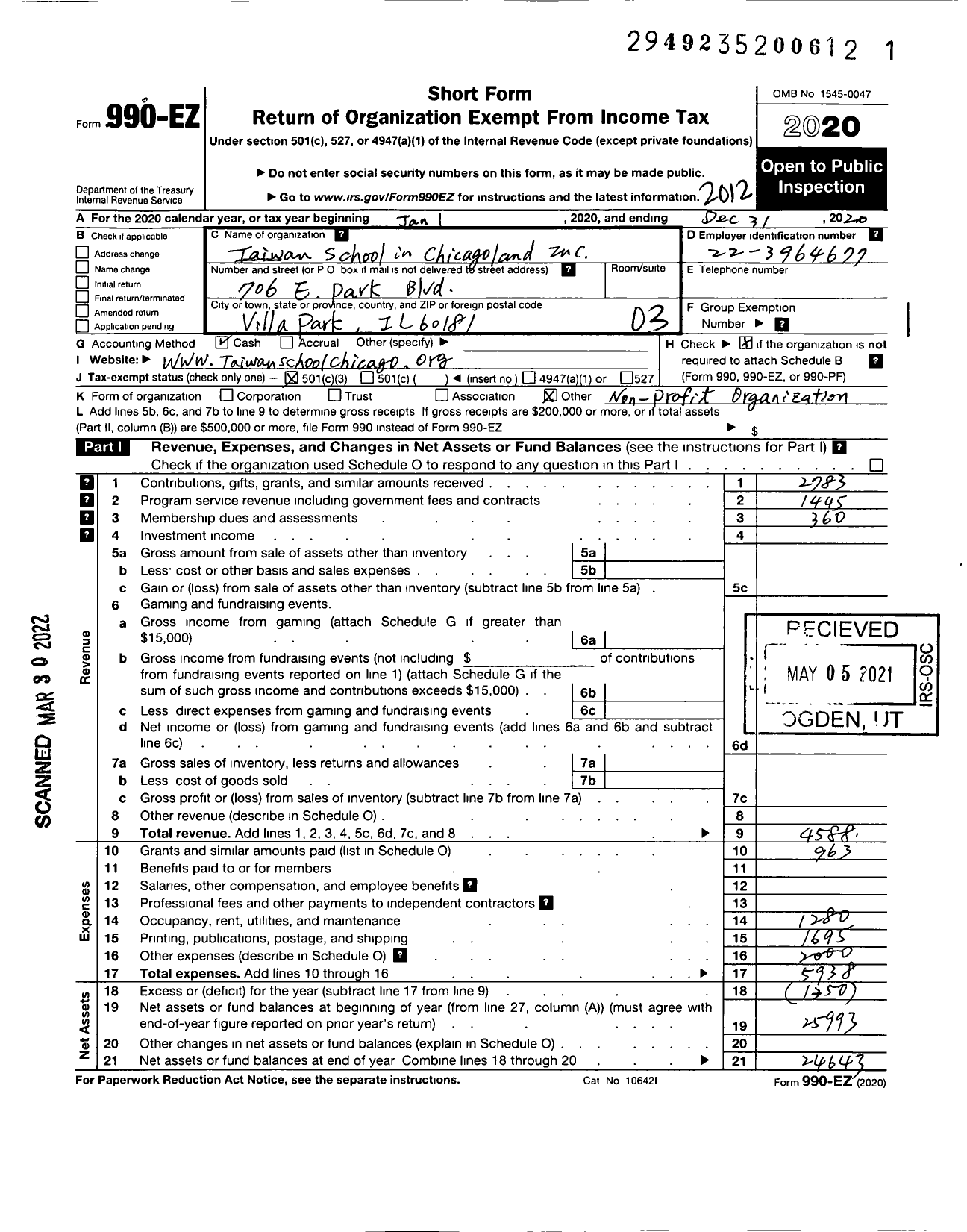 Image of first page of 2020 Form 990EZ for Taiwan School in Chicagoland