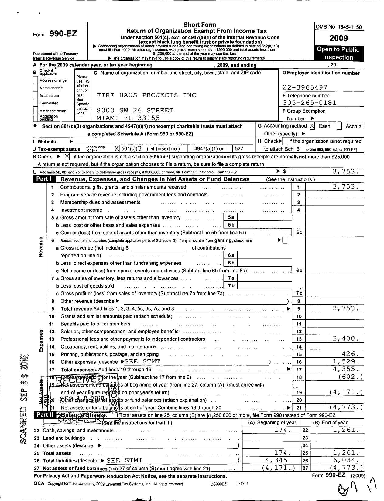 Image of first page of 2009 Form 990EZ for Fire Haus Projects