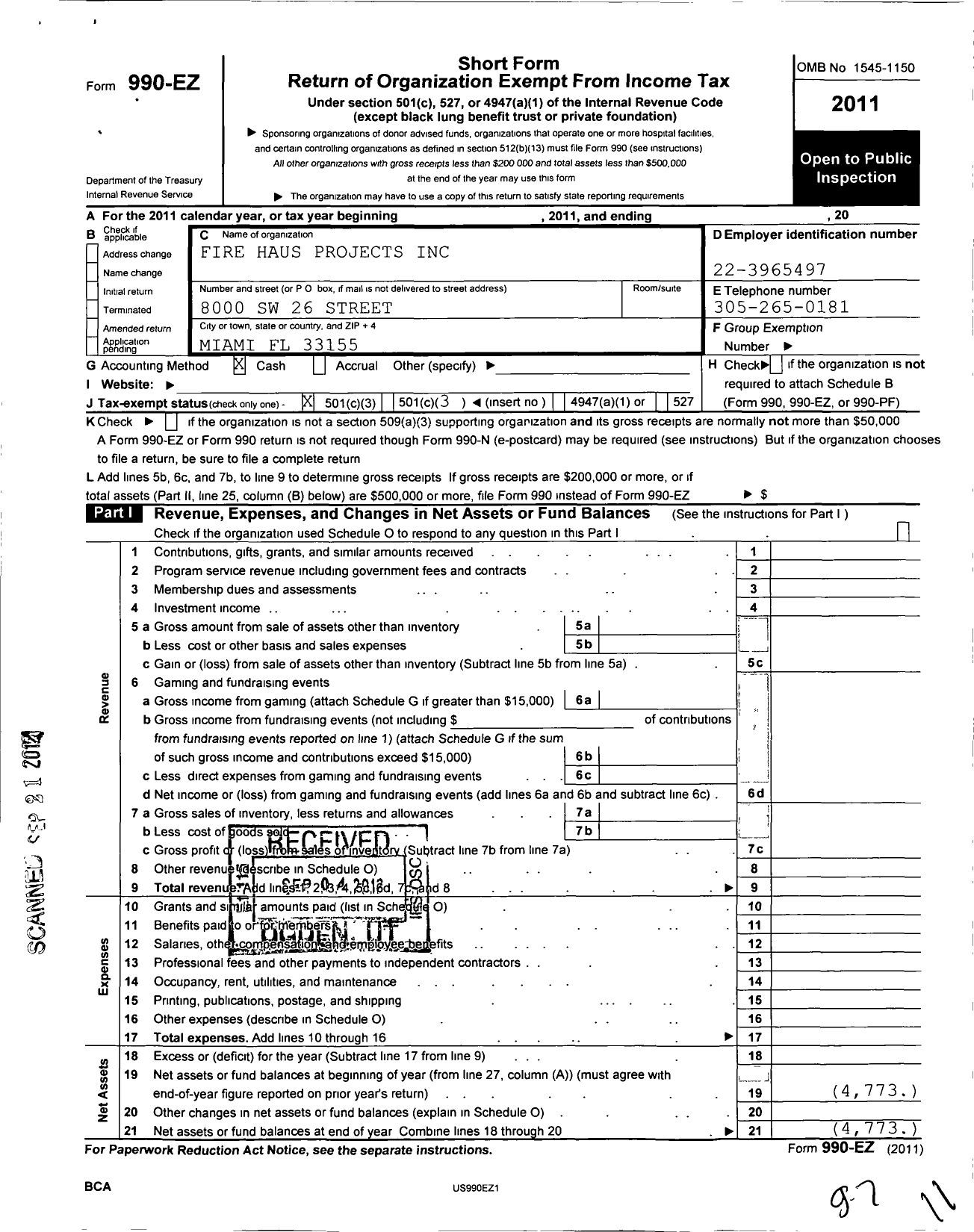 Image of first page of 2011 Form 990EZ for Fire Haus Projects