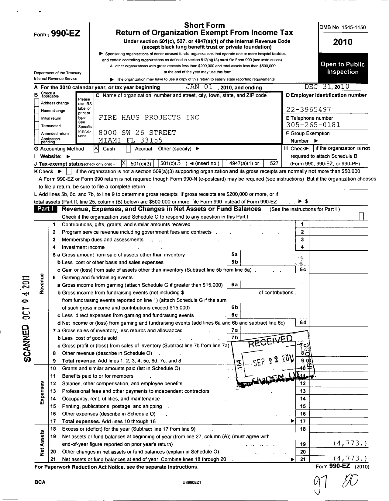 Image of first page of 2010 Form 990EZ for Fire Haus Projects