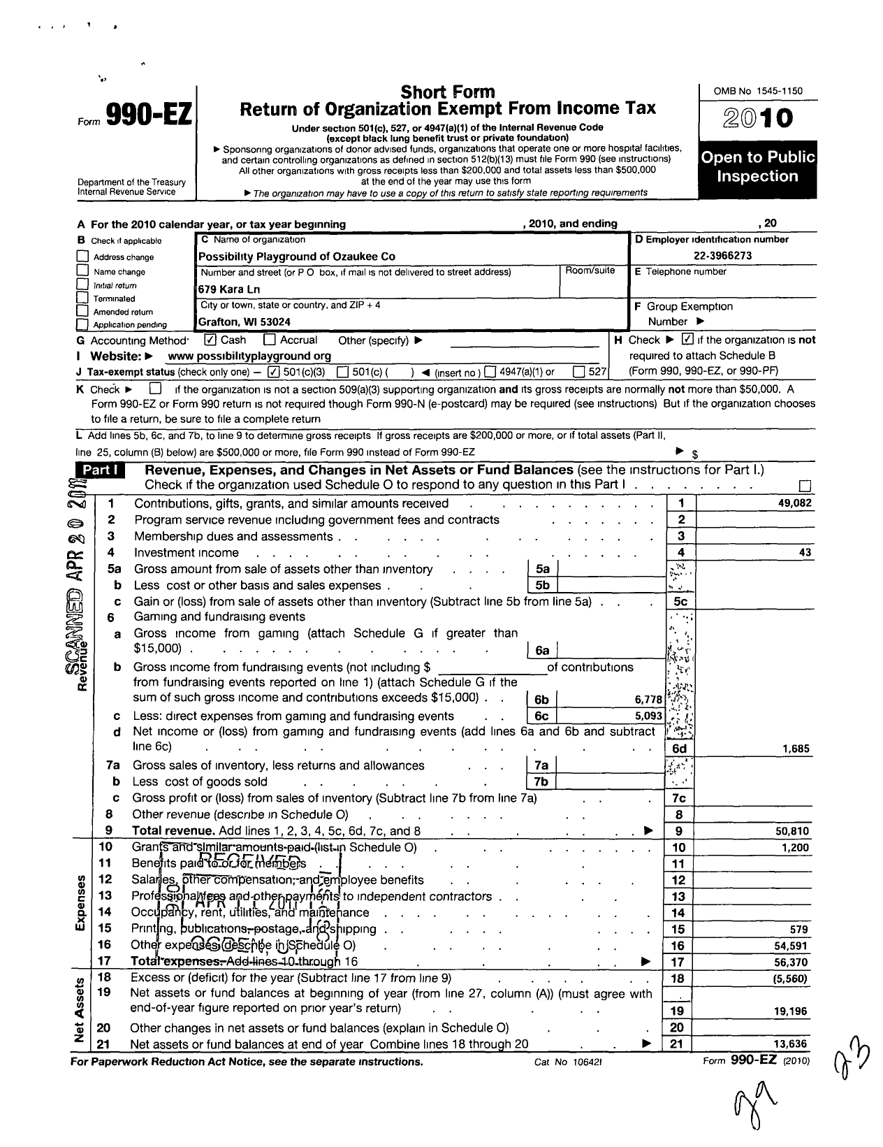 Image of first page of 2010 Form 990EZ for Possibility Playground of Ozaukee County