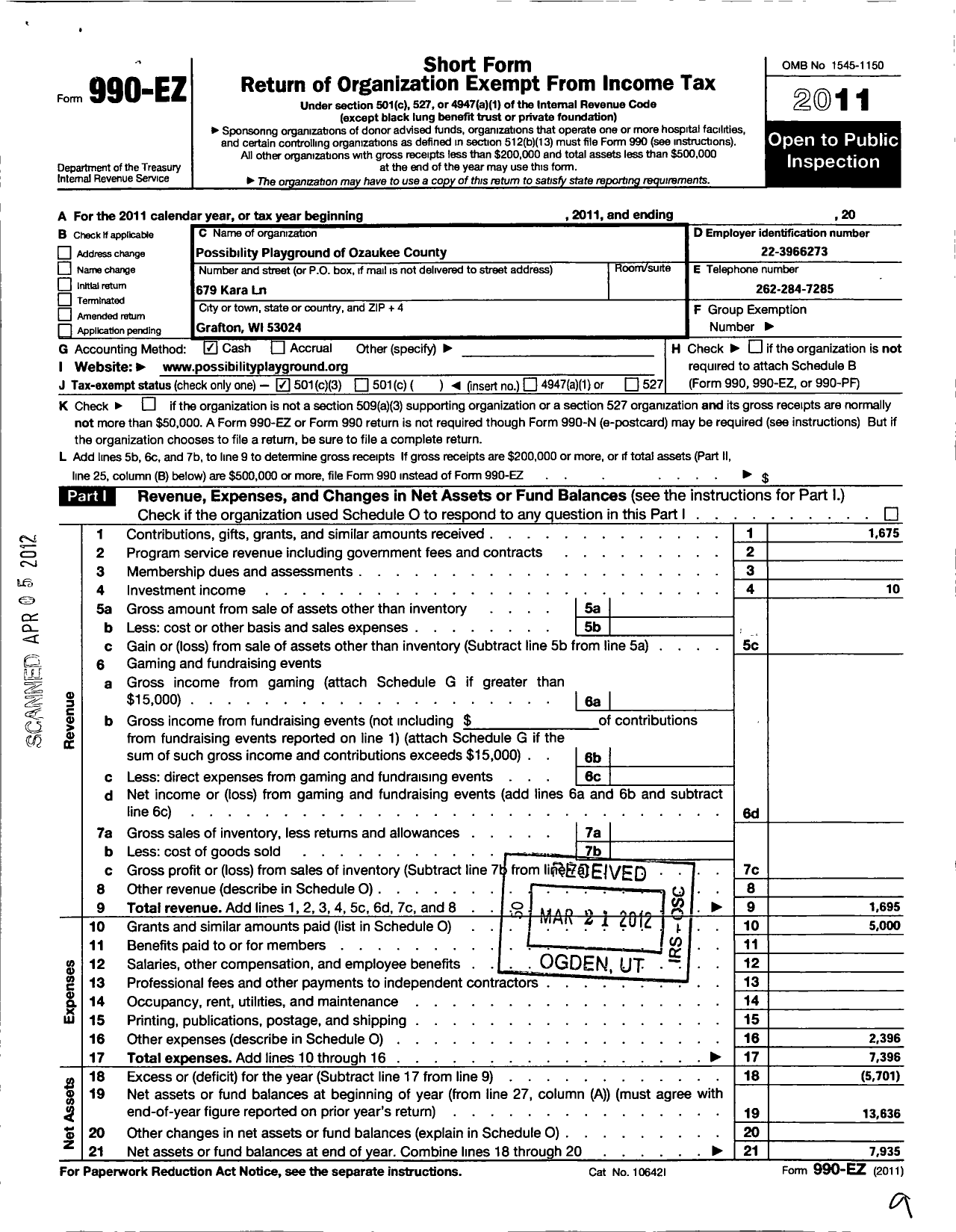 Image of first page of 2011 Form 990EZ for Possibility Playground of Ozaukee County