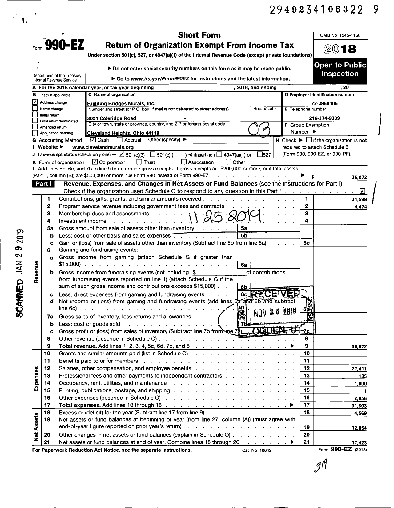 Image of first page of 2018 Form 990EZ for Building Bridges Murals