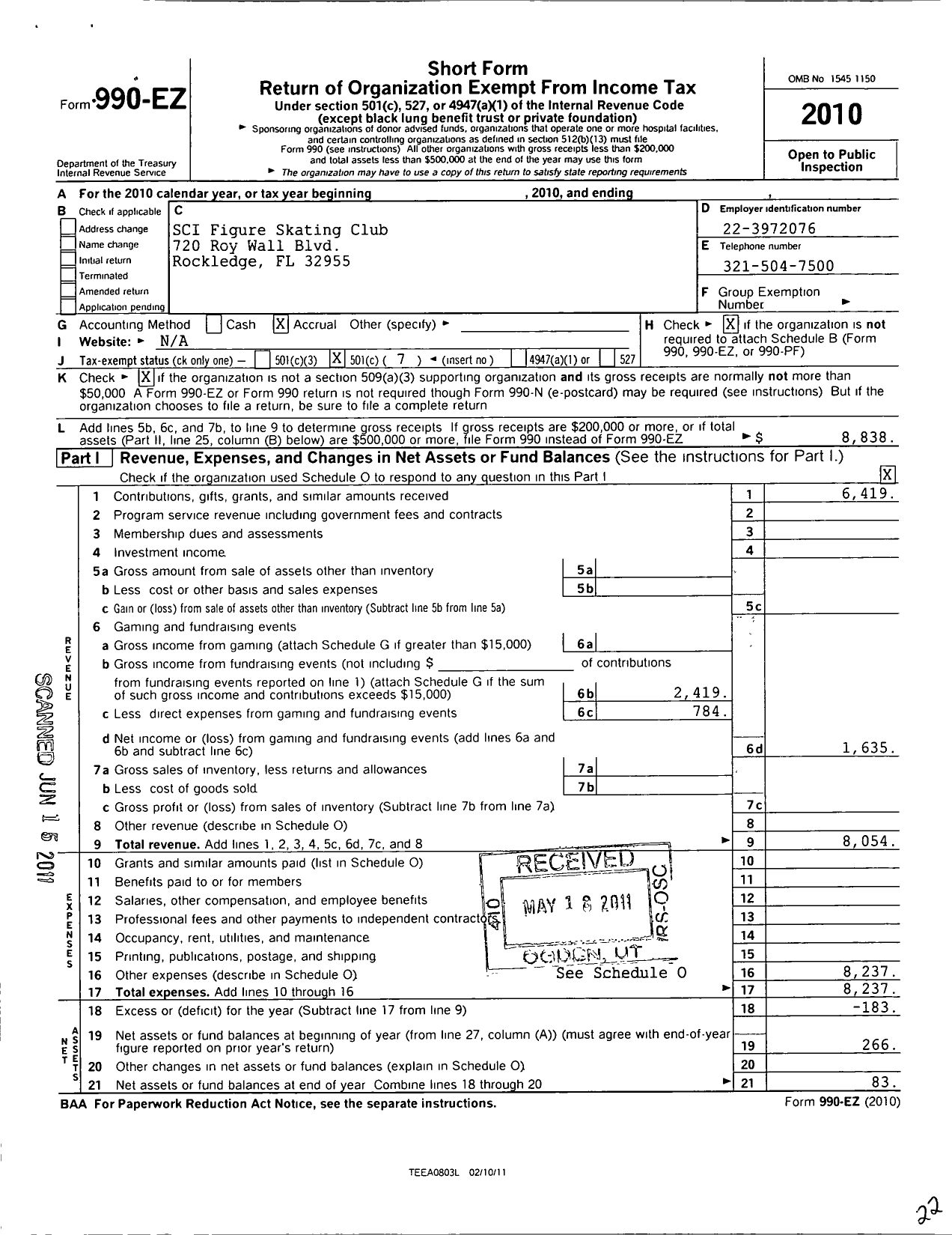 Image of first page of 2010 Form 990EO for Space Coast Iceplex Figure Skating Club