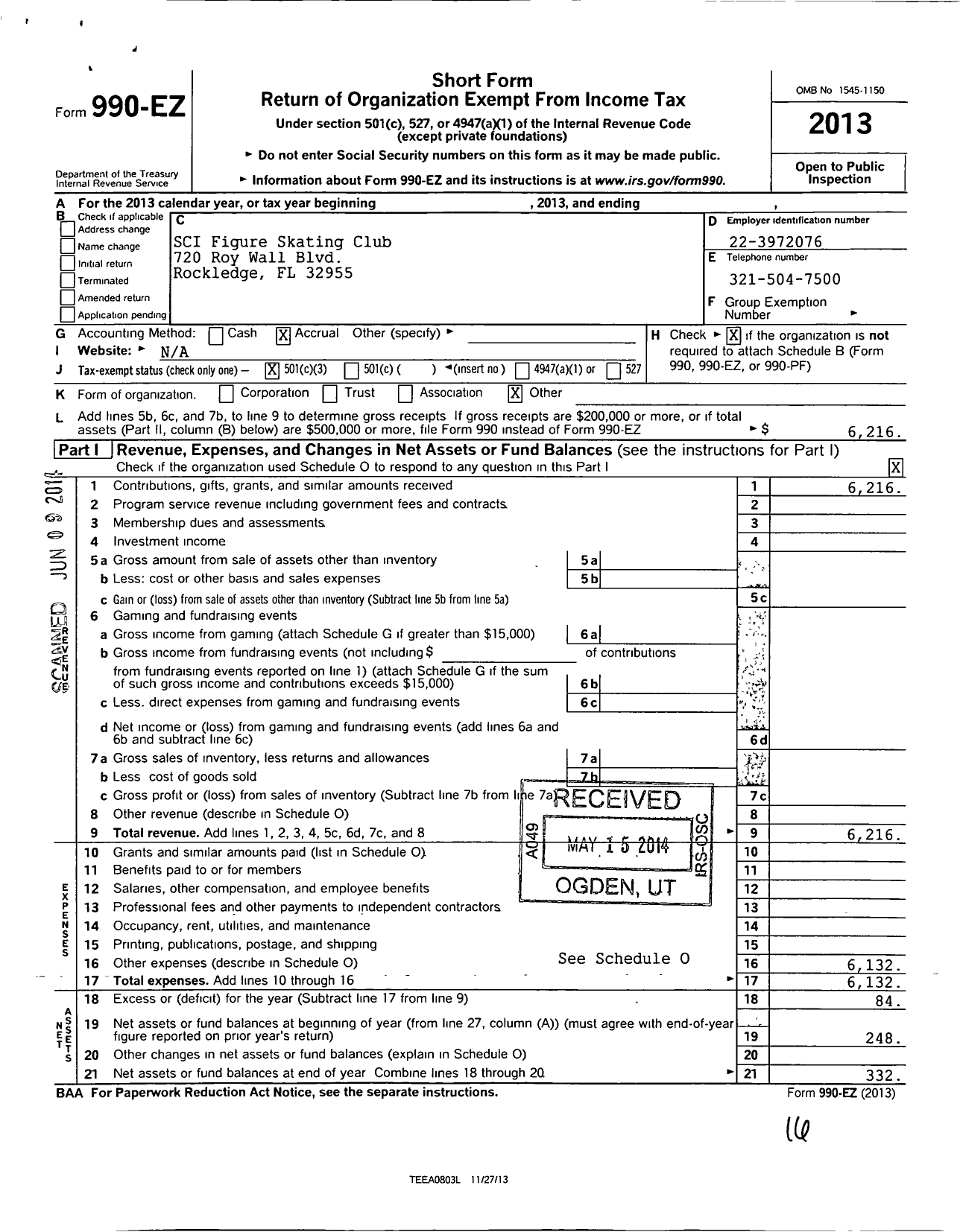 Image of first page of 2013 Form 990EZ for Space Coast Iceplex Figure Skating Club