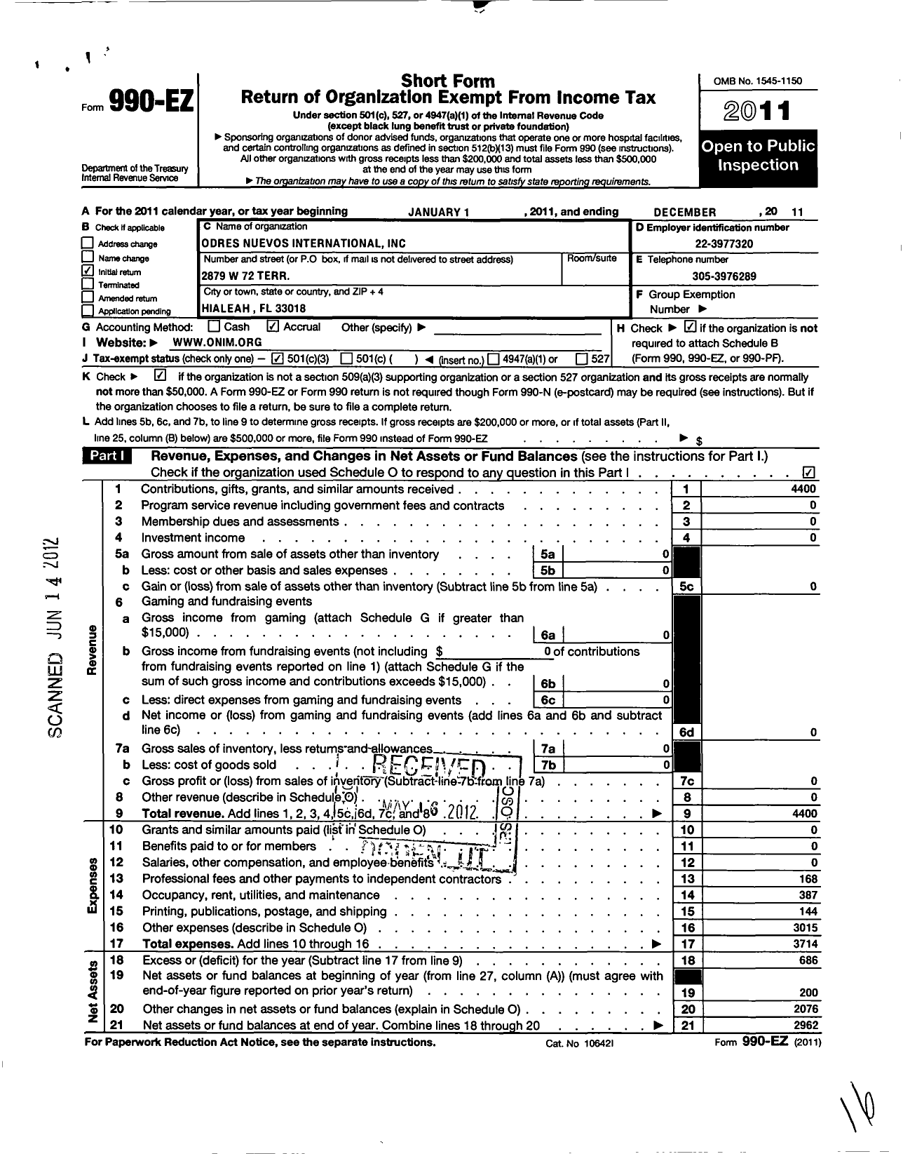 Image of first page of 2011 Form 990EZ for Odres Nuevos International