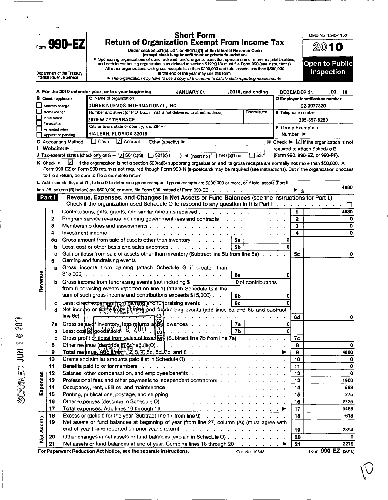 Image of first page of 2010 Form 990EZ for Odres Nuevos International