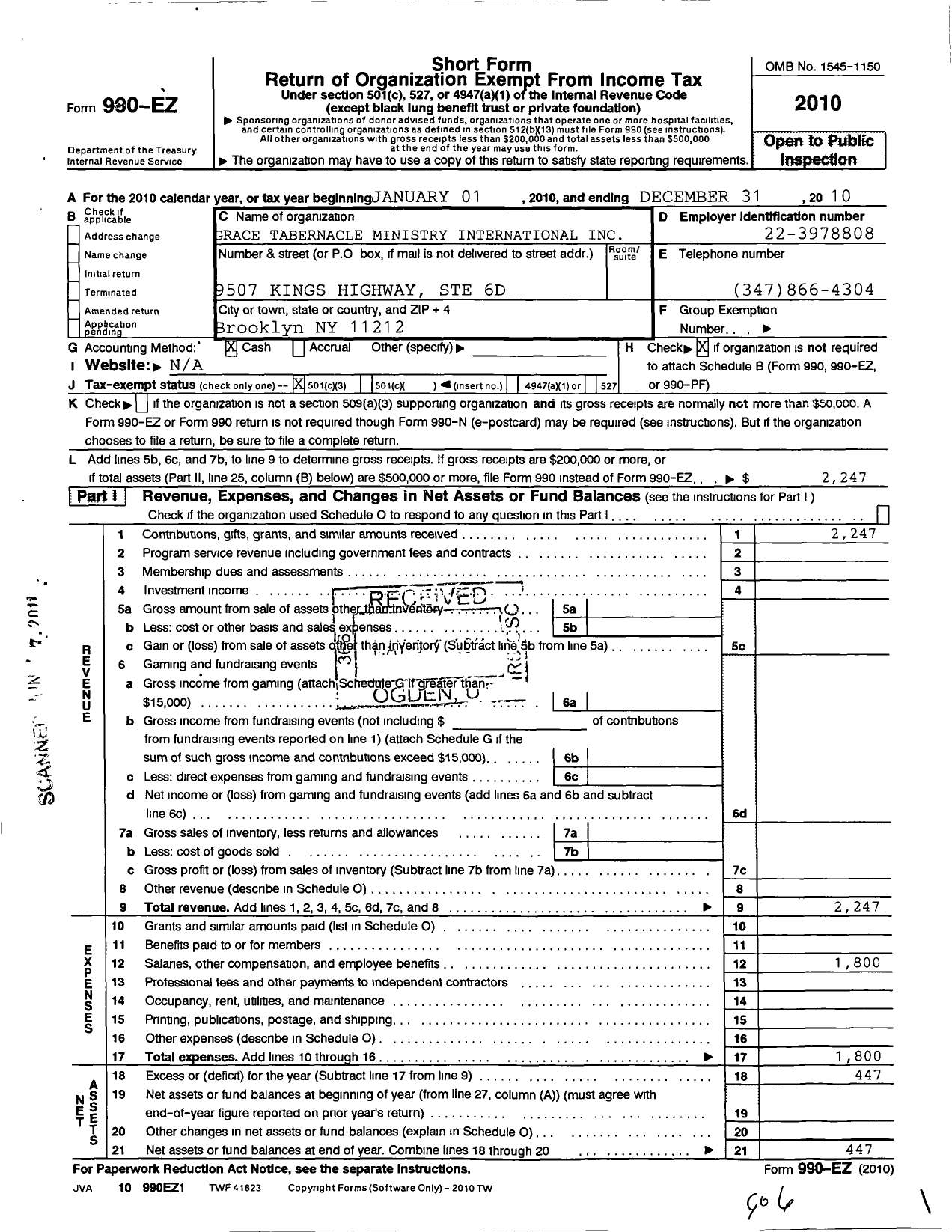 Image of first page of 2010 Form 990EZ for Grace Tabernacle Ministry International