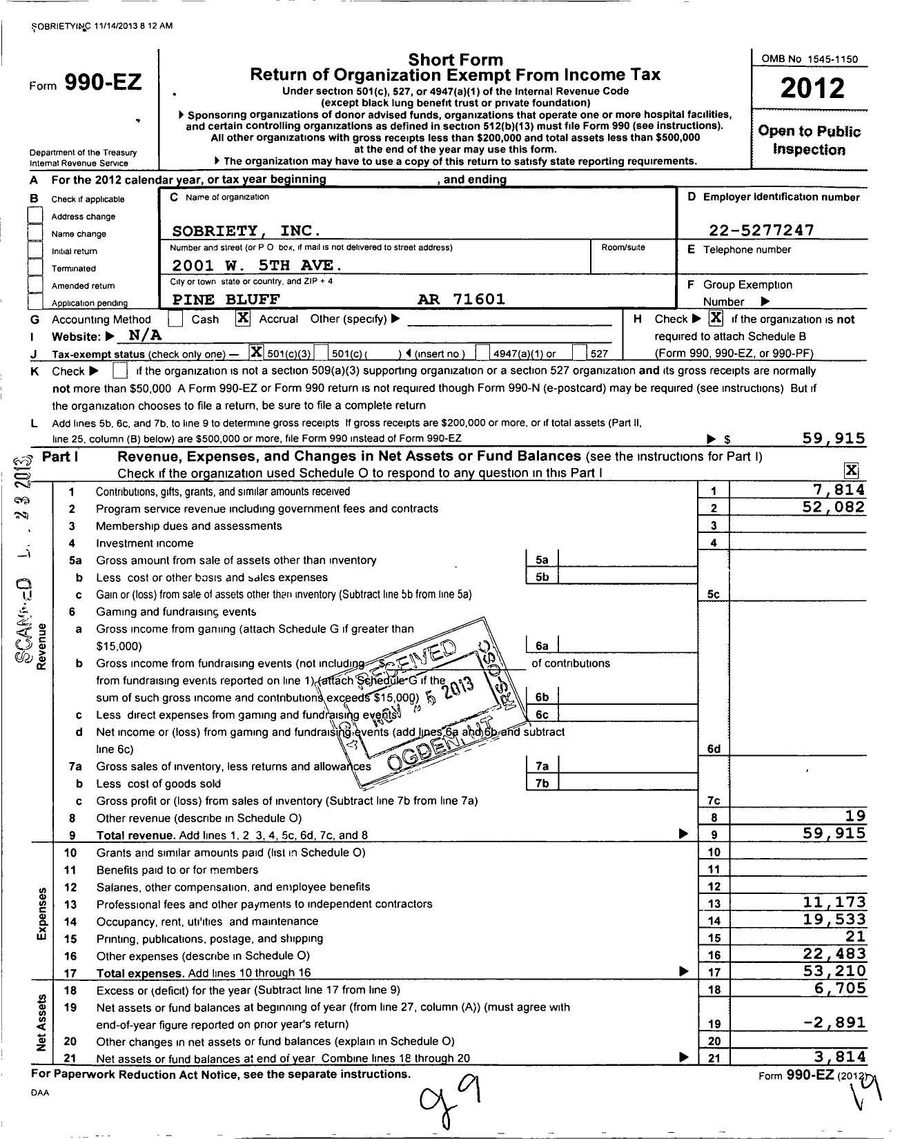 Image of first page of 2012 Form 990EZ for Sobriety