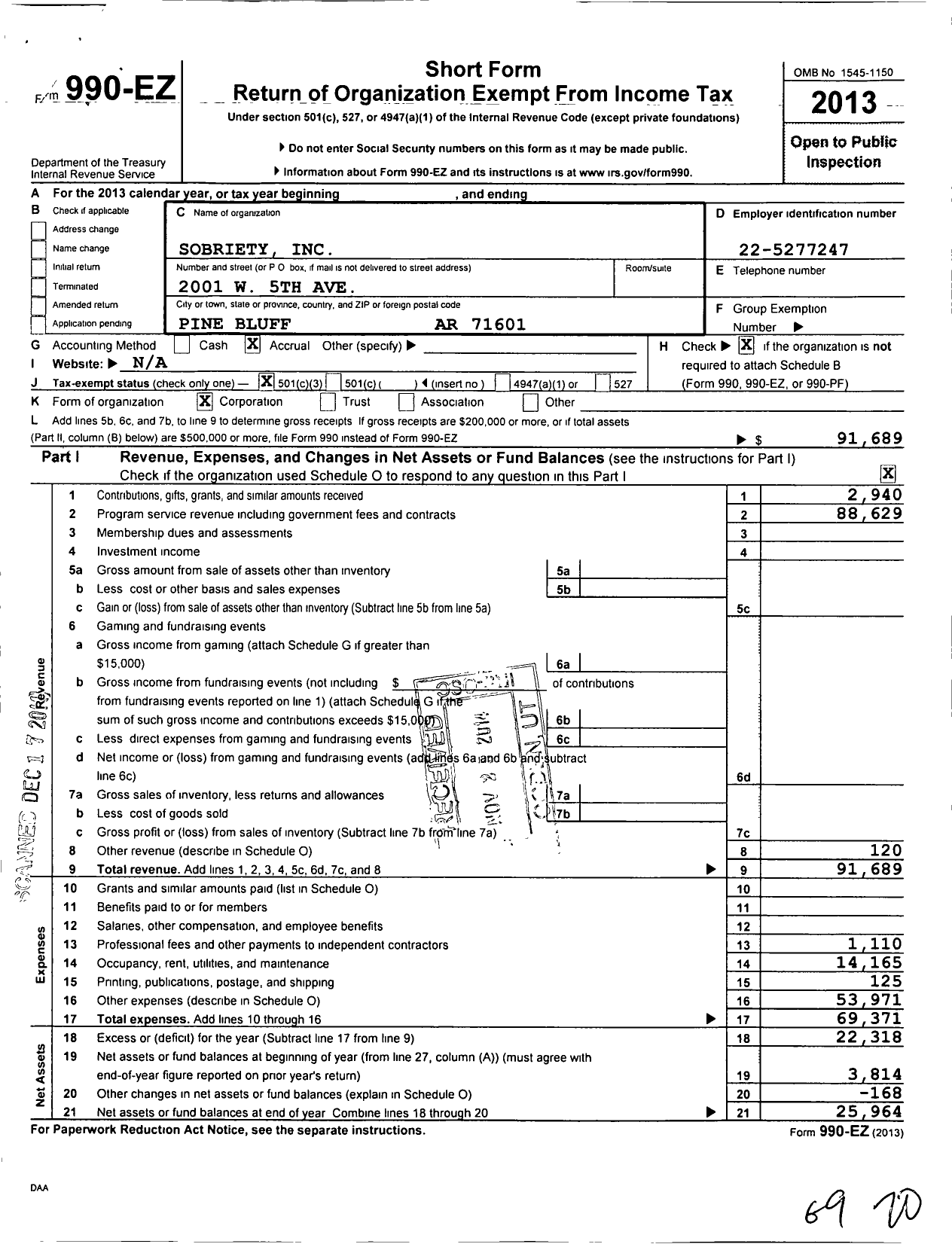 Image of first page of 2013 Form 990EZ for Sobriety