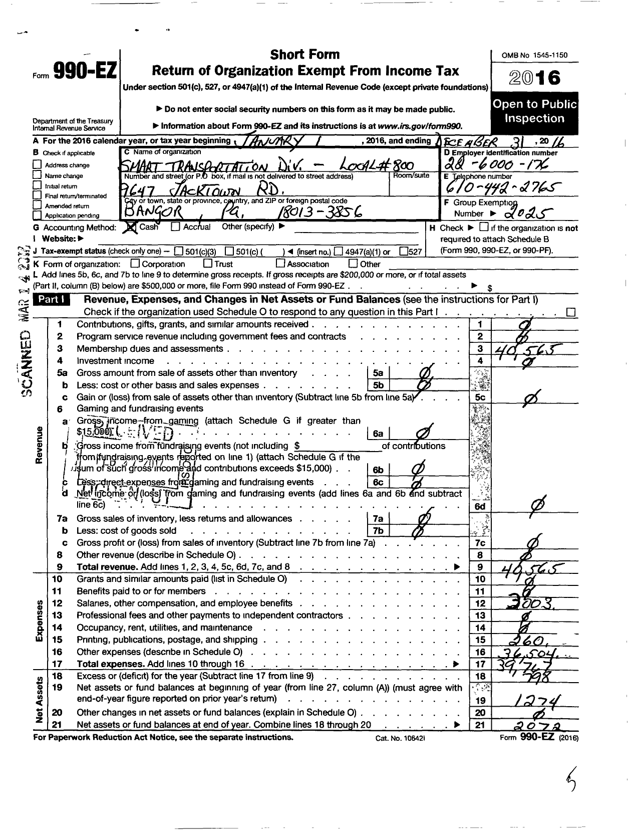 Image of first page of 2016 Form 990EO for Smart Union - 800 TD