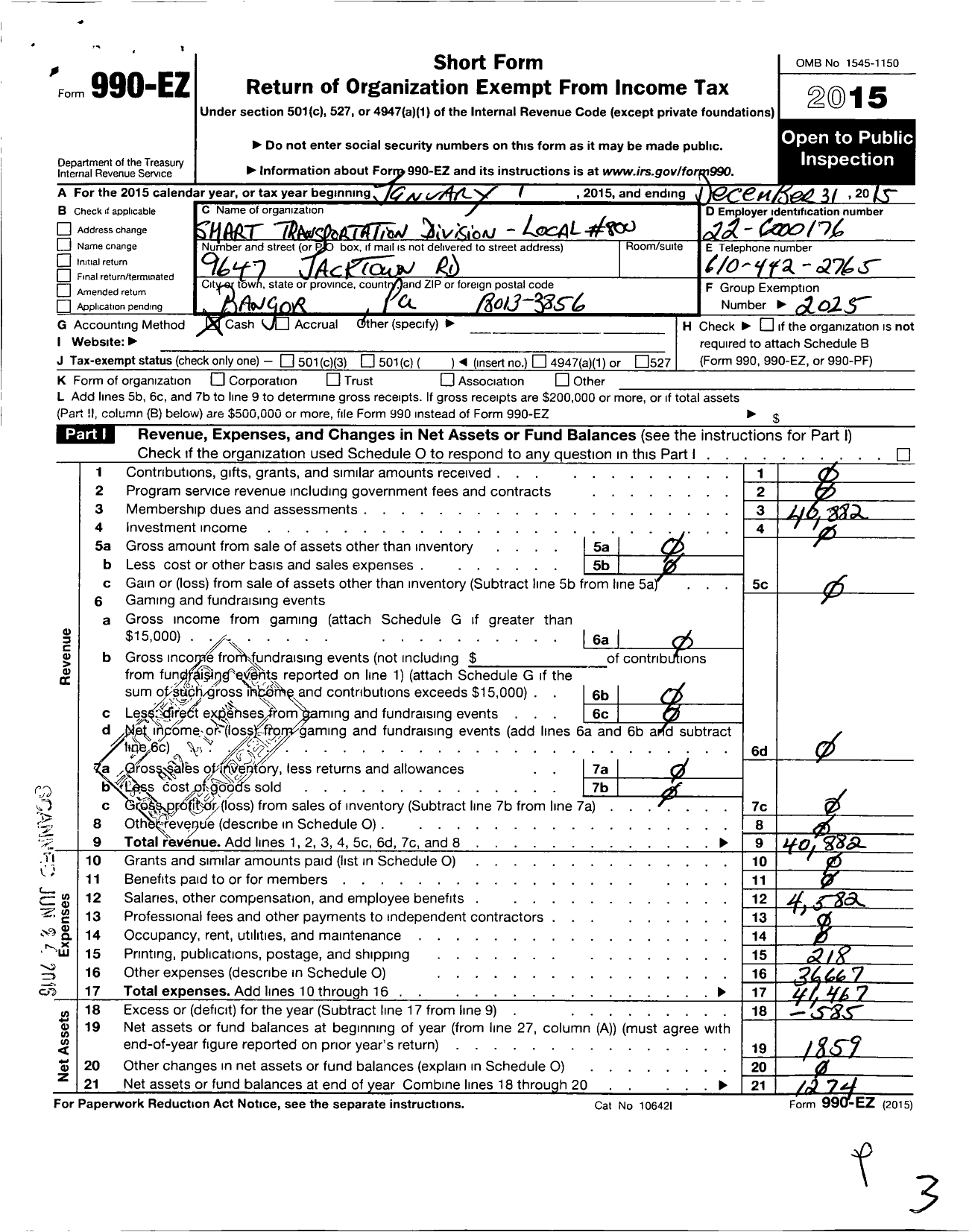 Image of first page of 2015 Form 990EO for Smart Union - 800 TD