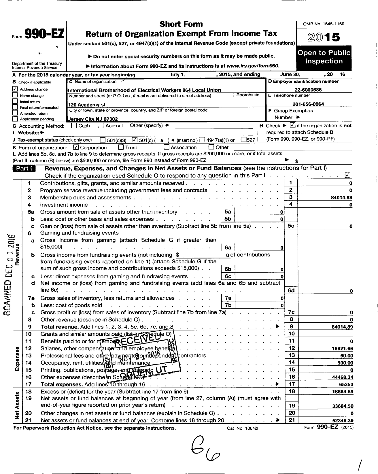 Image of first page of 2015 Form 990EO for International Brotherhood of Electrical Workers Local 864