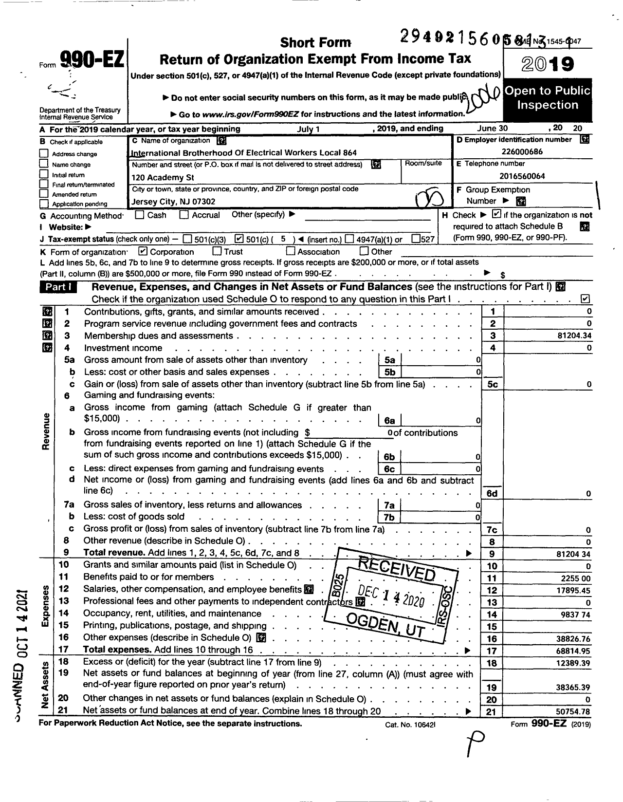 Image of first page of 2019 Form 990EO for International Brotherhood of Electrical Workers Local 864