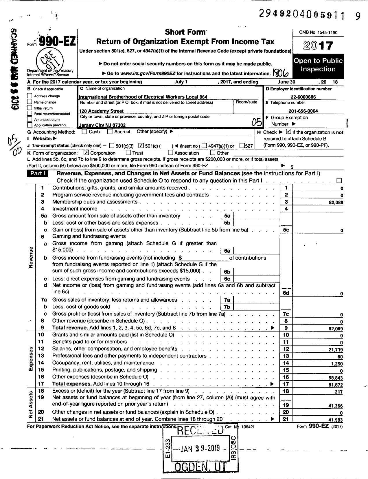 Image of first page of 2017 Form 990EO for International Brotherhood of Electrical Workers Local 864