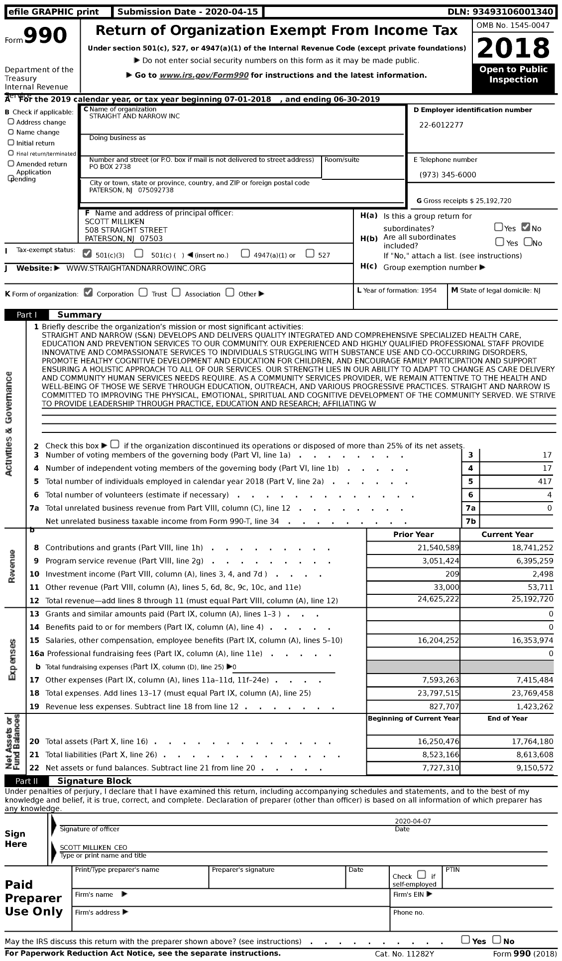 Image of first page of 2018 Form 990 for Straight and Narrow