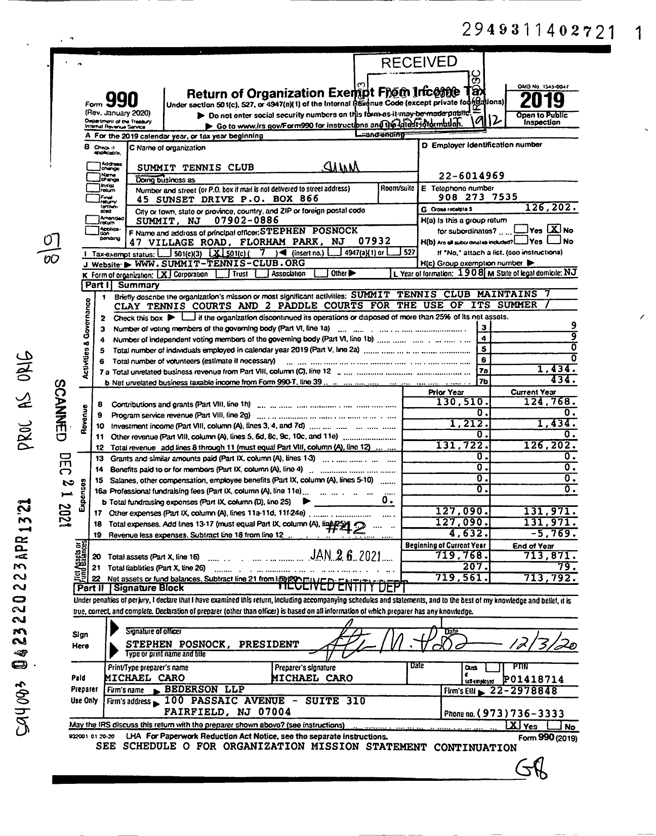 Image of first page of 2019 Form 990O for Summit Tennis Club