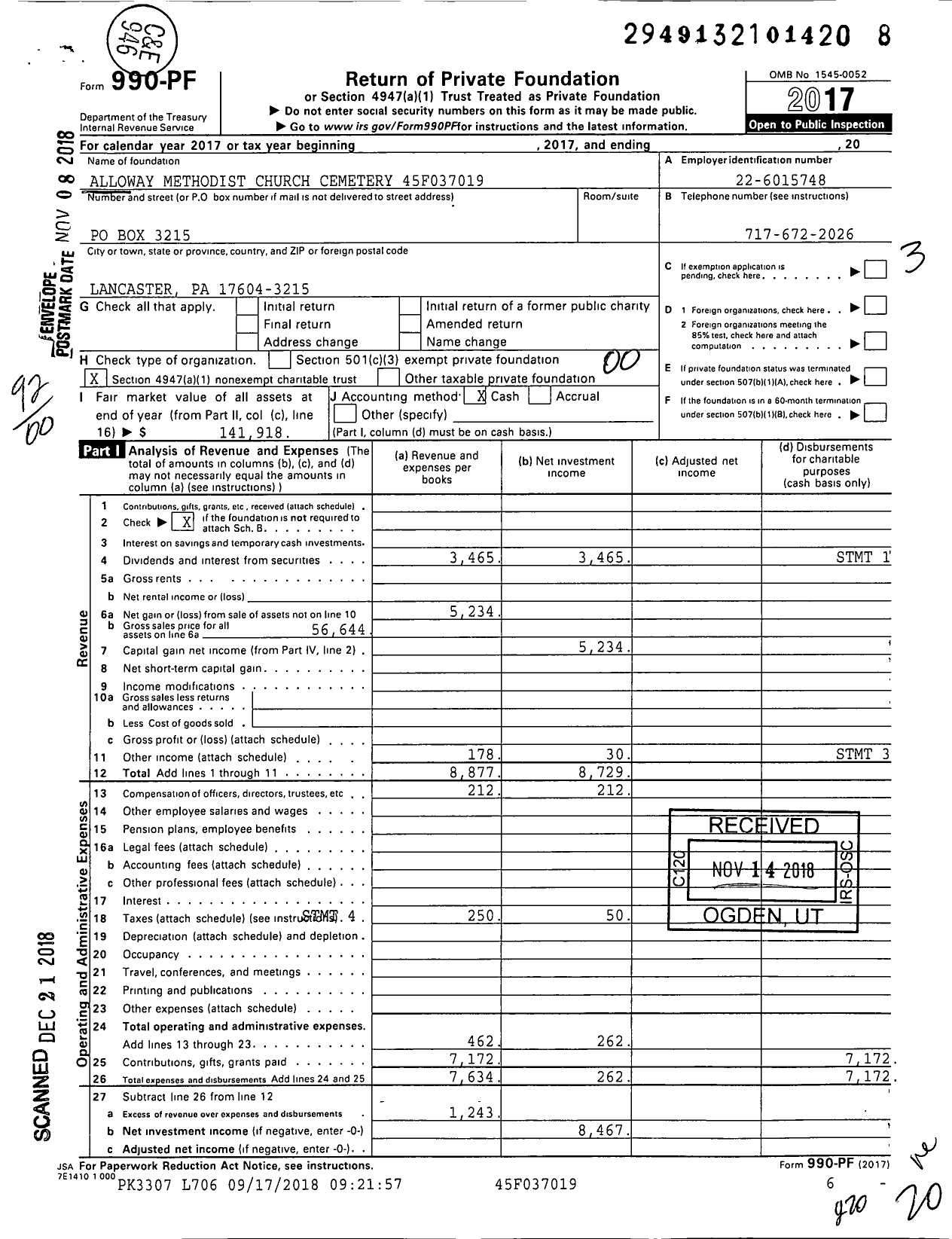 Image of first page of 2017 Form 990PF for Alloway Methodist Church Cemetery 45f037019