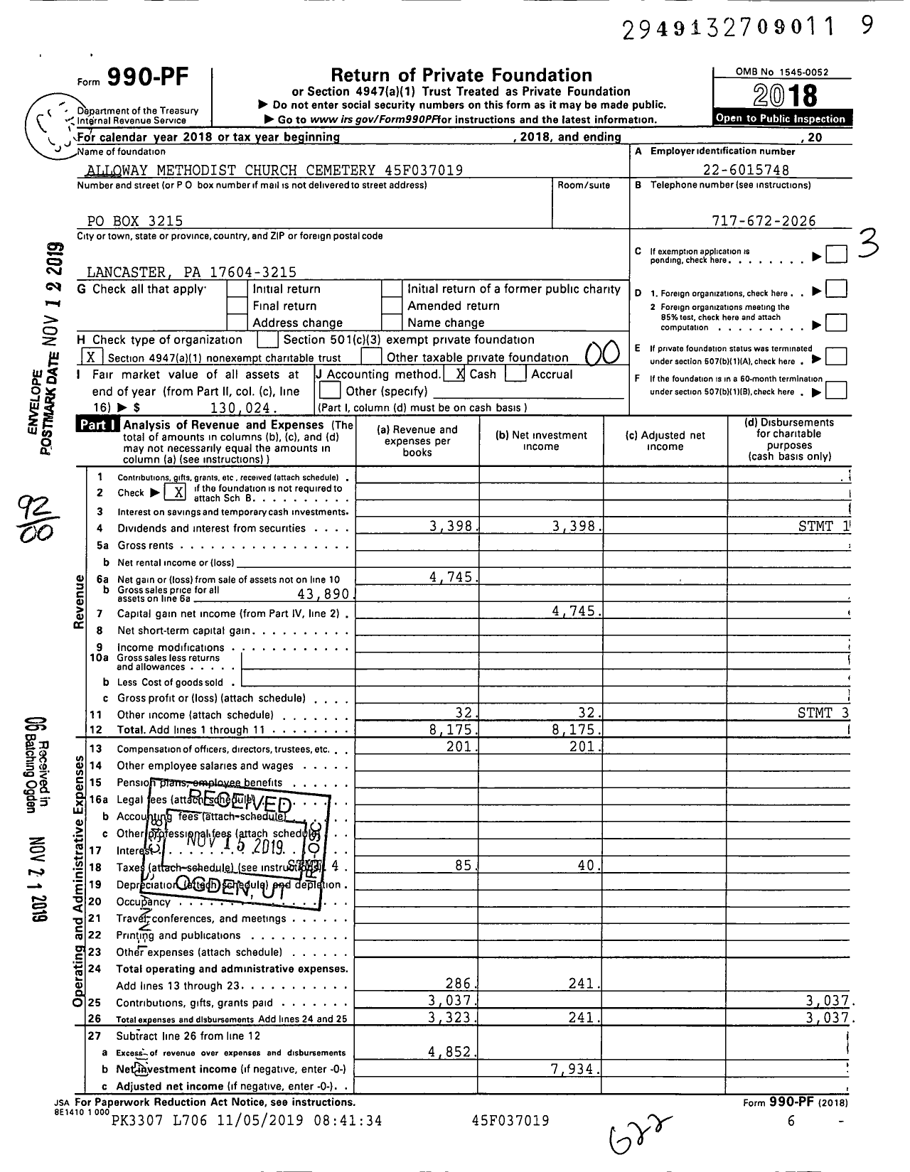 Image of first page of 2018 Form 990PF for Alloway Methodist Church Cemetery 45f037019