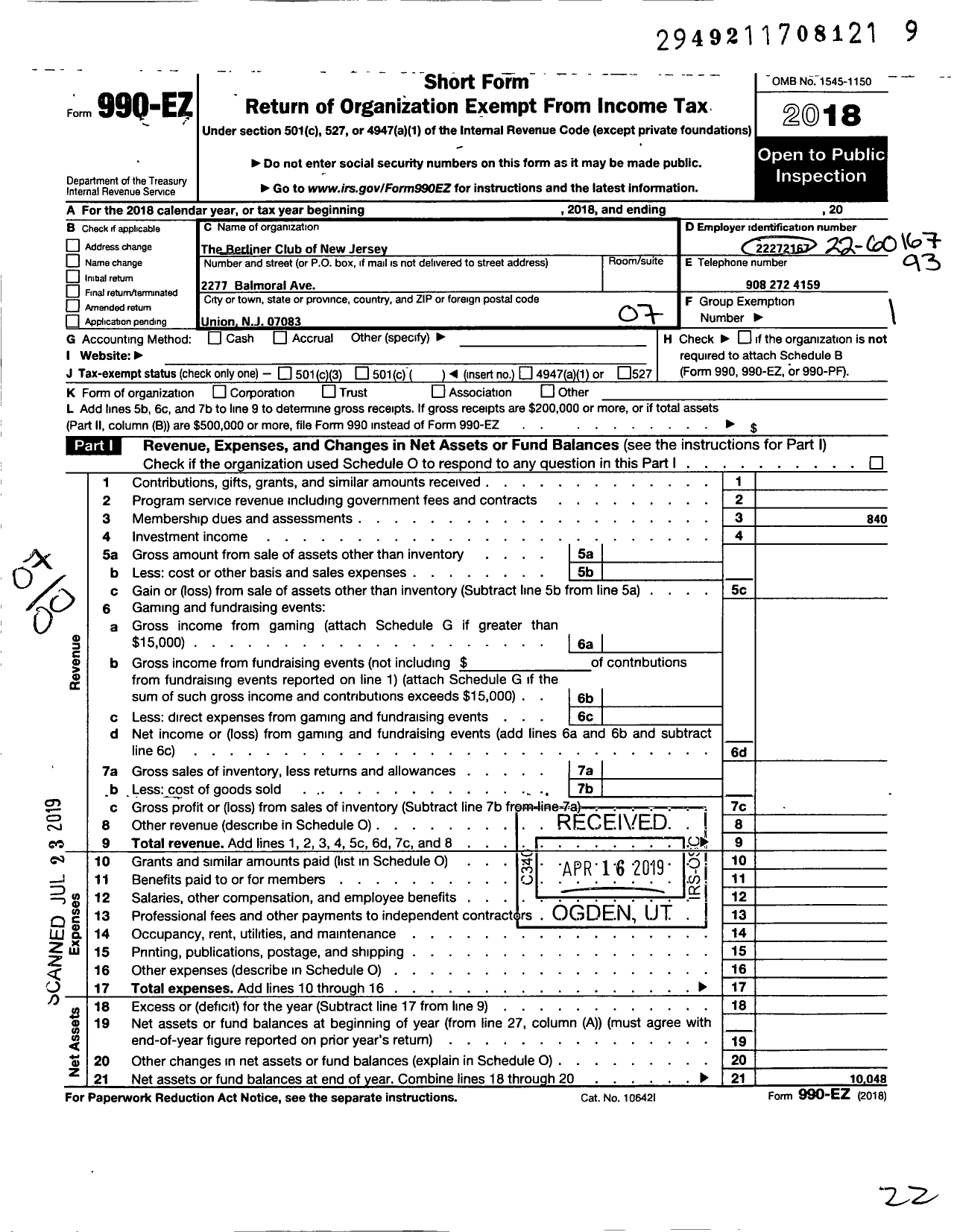 Image of first page of 2018 Form 990EO for Berliner Club of New Jersey