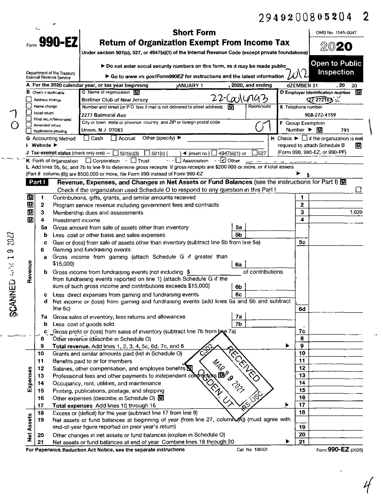 Image of first page of 2020 Form 990EO for Berliner Club of New Jersey