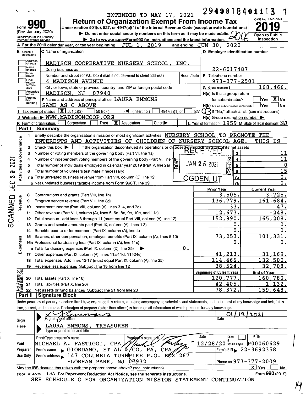 Image of first page of 2019 Form 990 for Madison Cooperative Nursery School