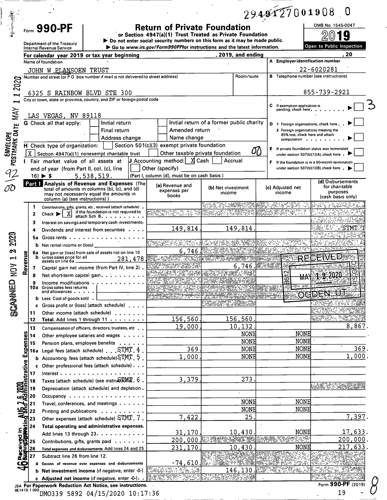 Image of first page of 2019 Form 990PF for John W Plansoen Trust